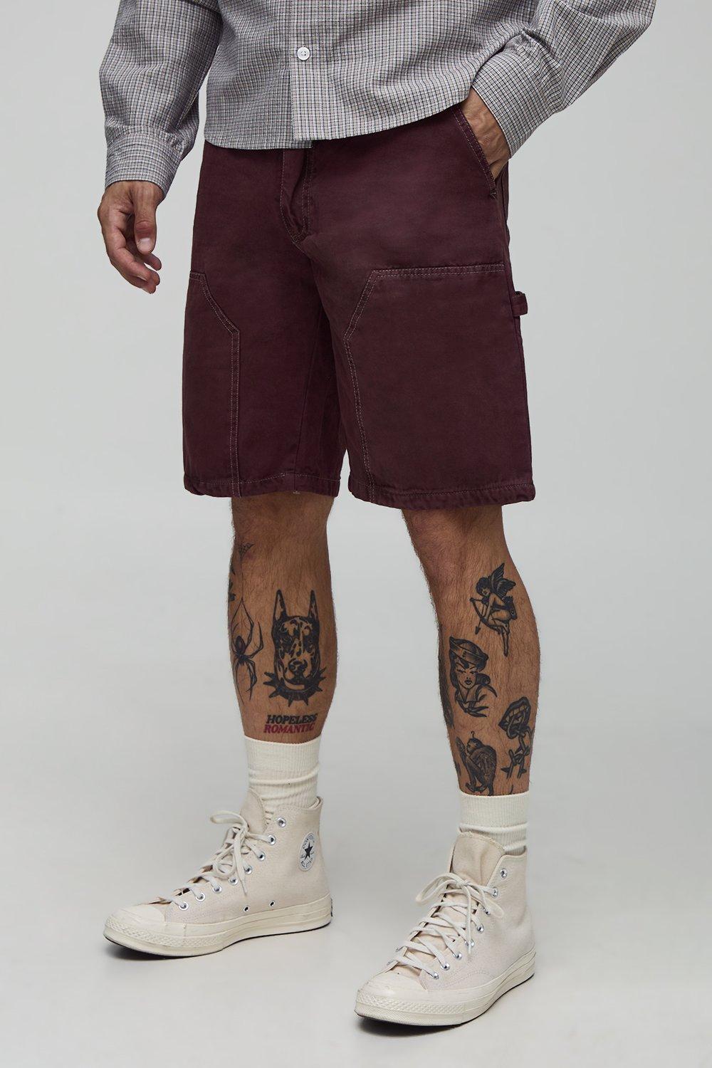 Mens Brown Relaxed Fit Contrast Stitch Washed Carpenter Shorts, Brown