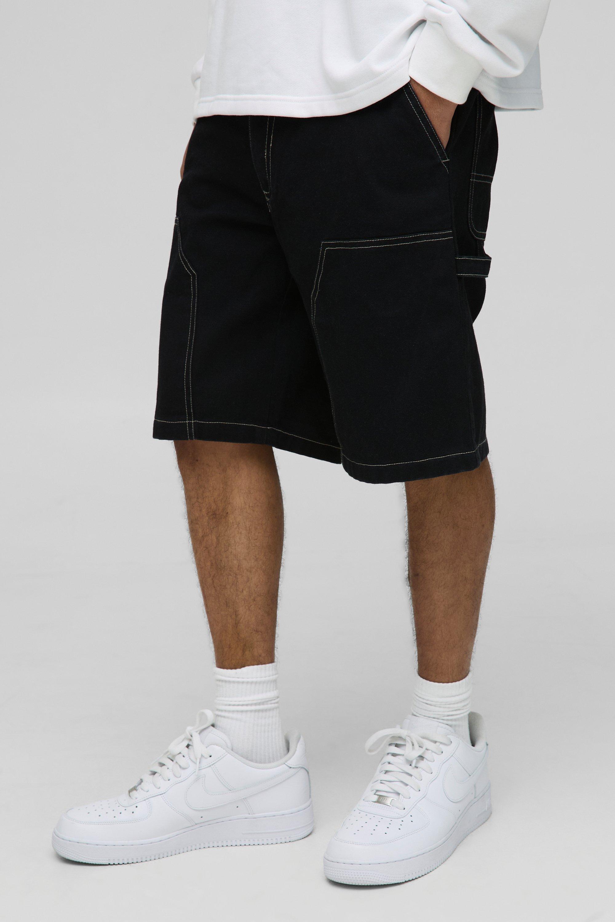 Mens Black Relaxed Fit Contrast Stitch Carpenter Shorts, Black