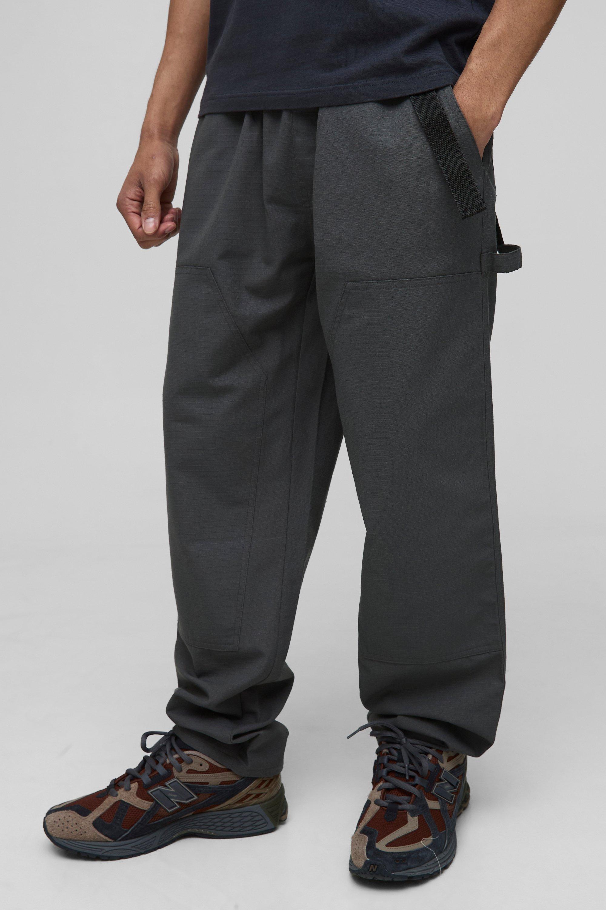 Mens Grey Elasticated Waist Ripstop Straight Fit Carpenter Buckle Trousers, Grey