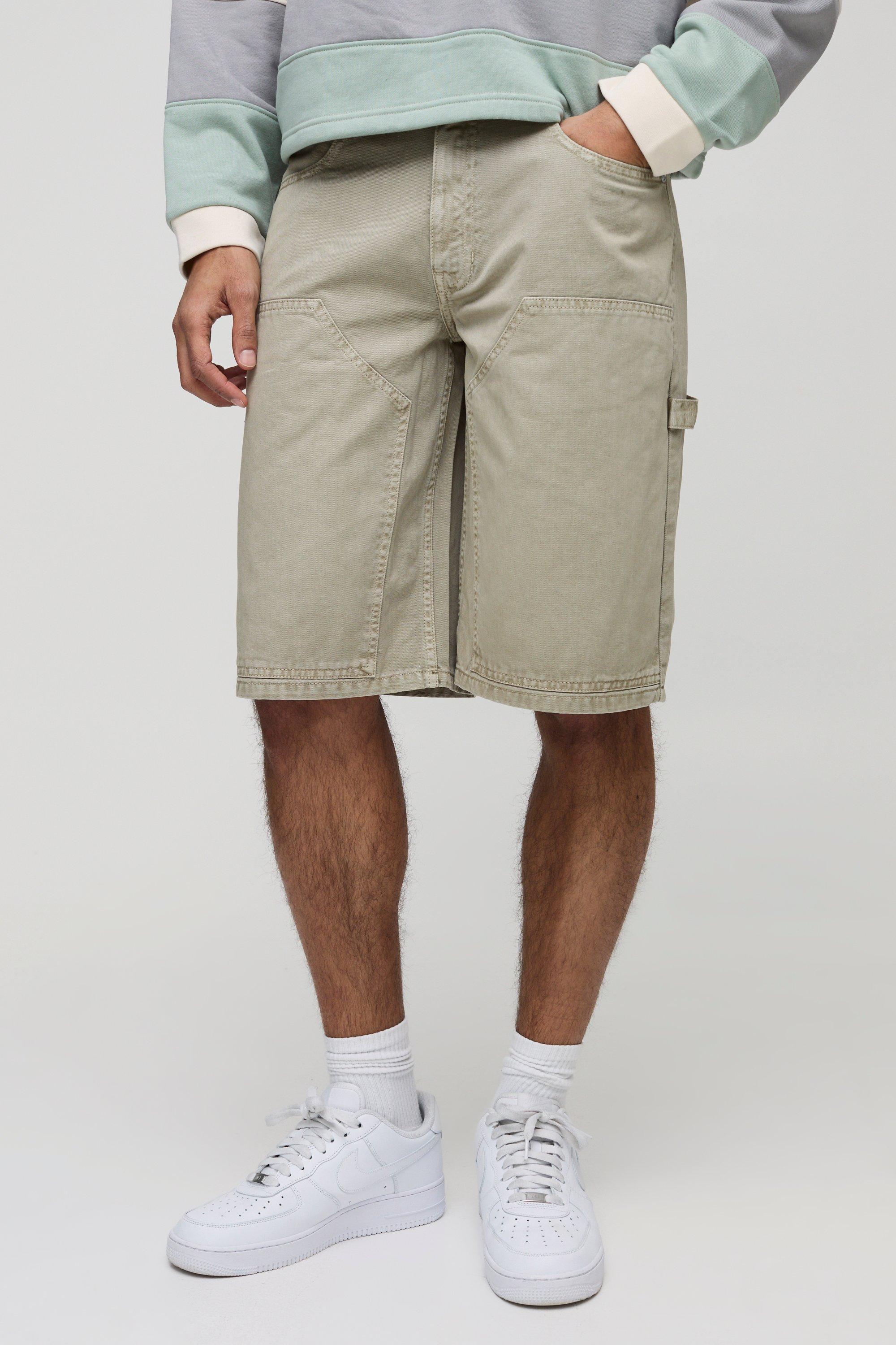 Mens Green Relaxed Long Length Overdye Carpenter Shorts, Green