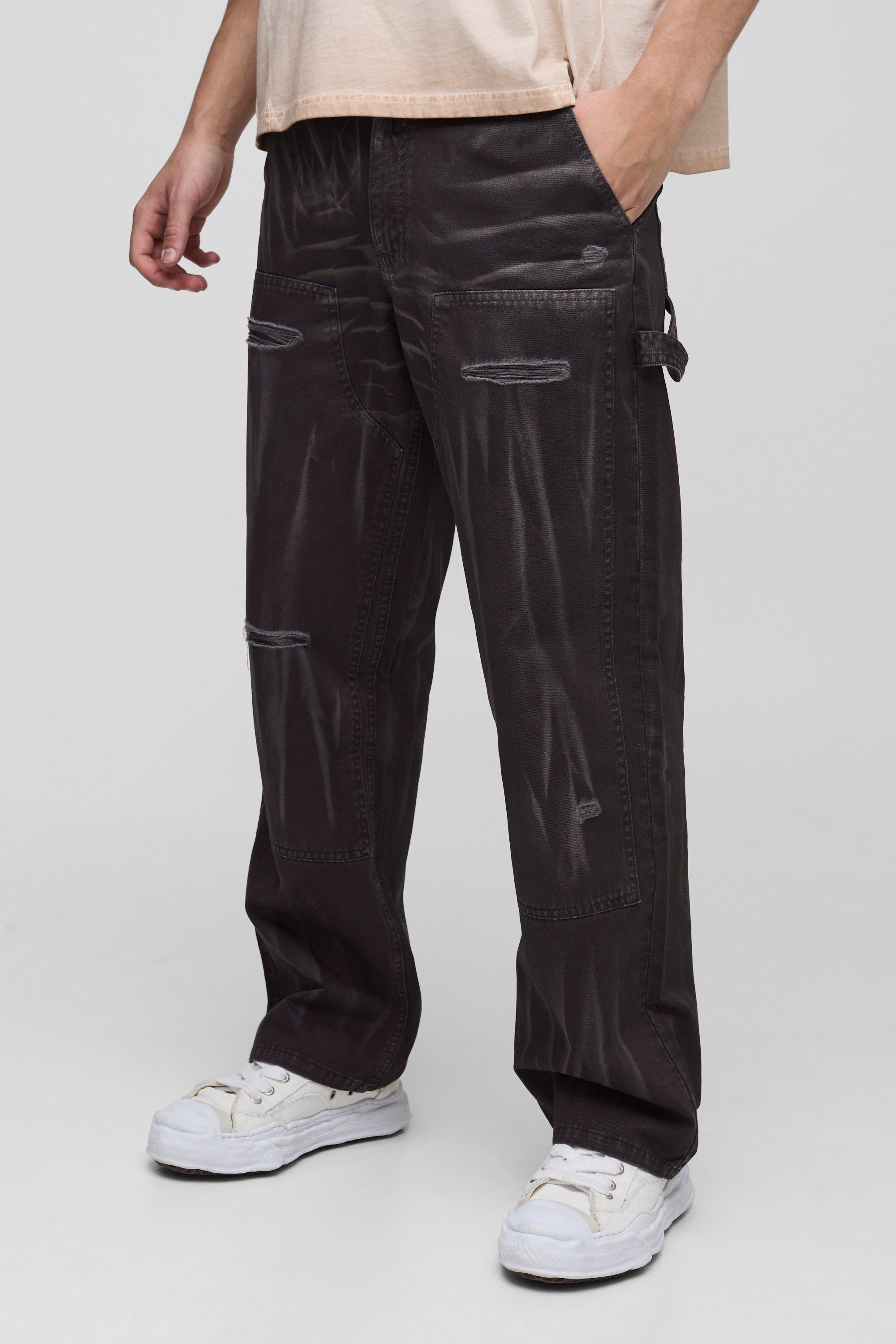 Mens Brown Relaxed Fit Overdye Ripped Carpenter Trousers, Brown