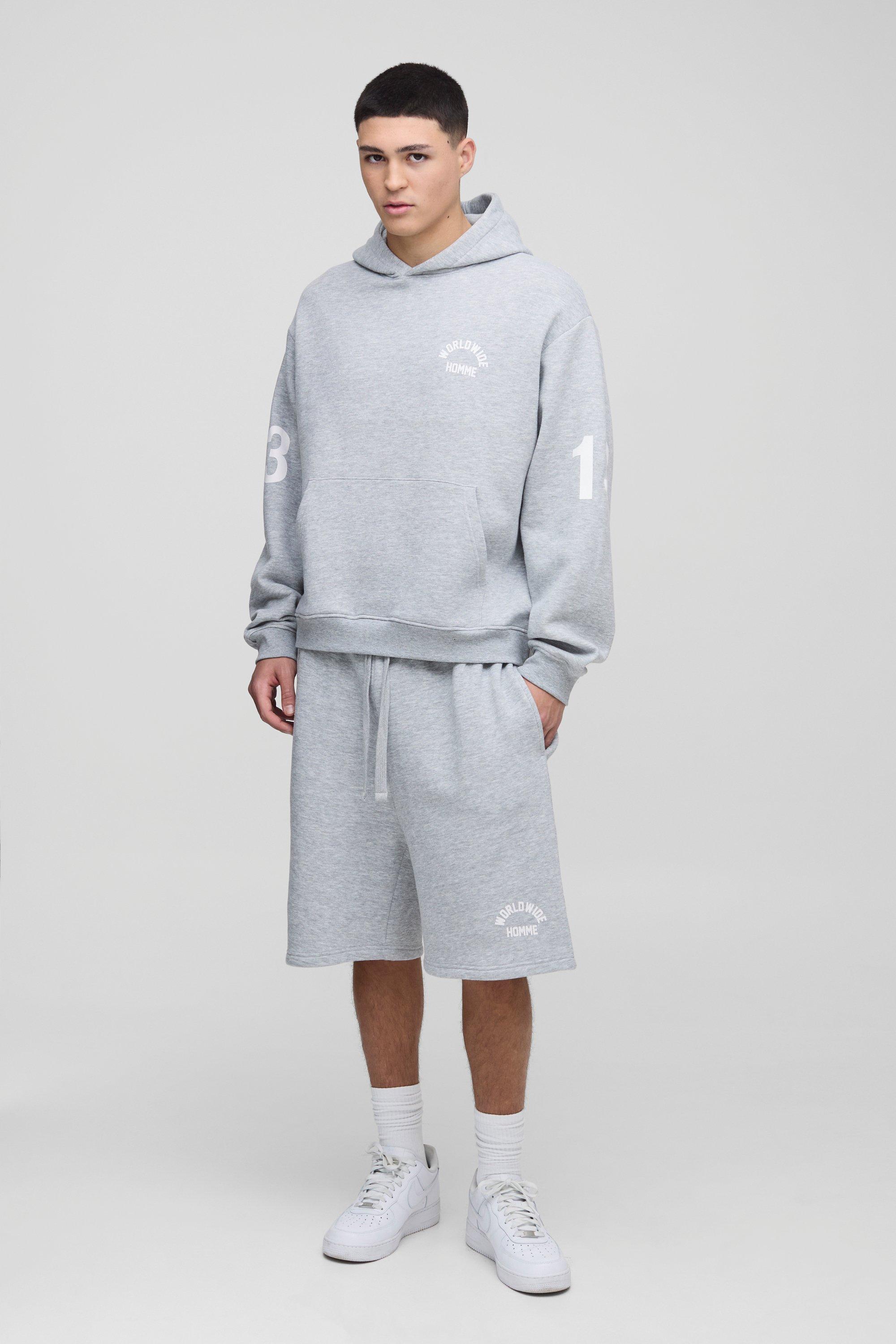 Mens Grey Oversized Boxy Worldwide Drop Crotch Hooded Short Tracksuit, Grey