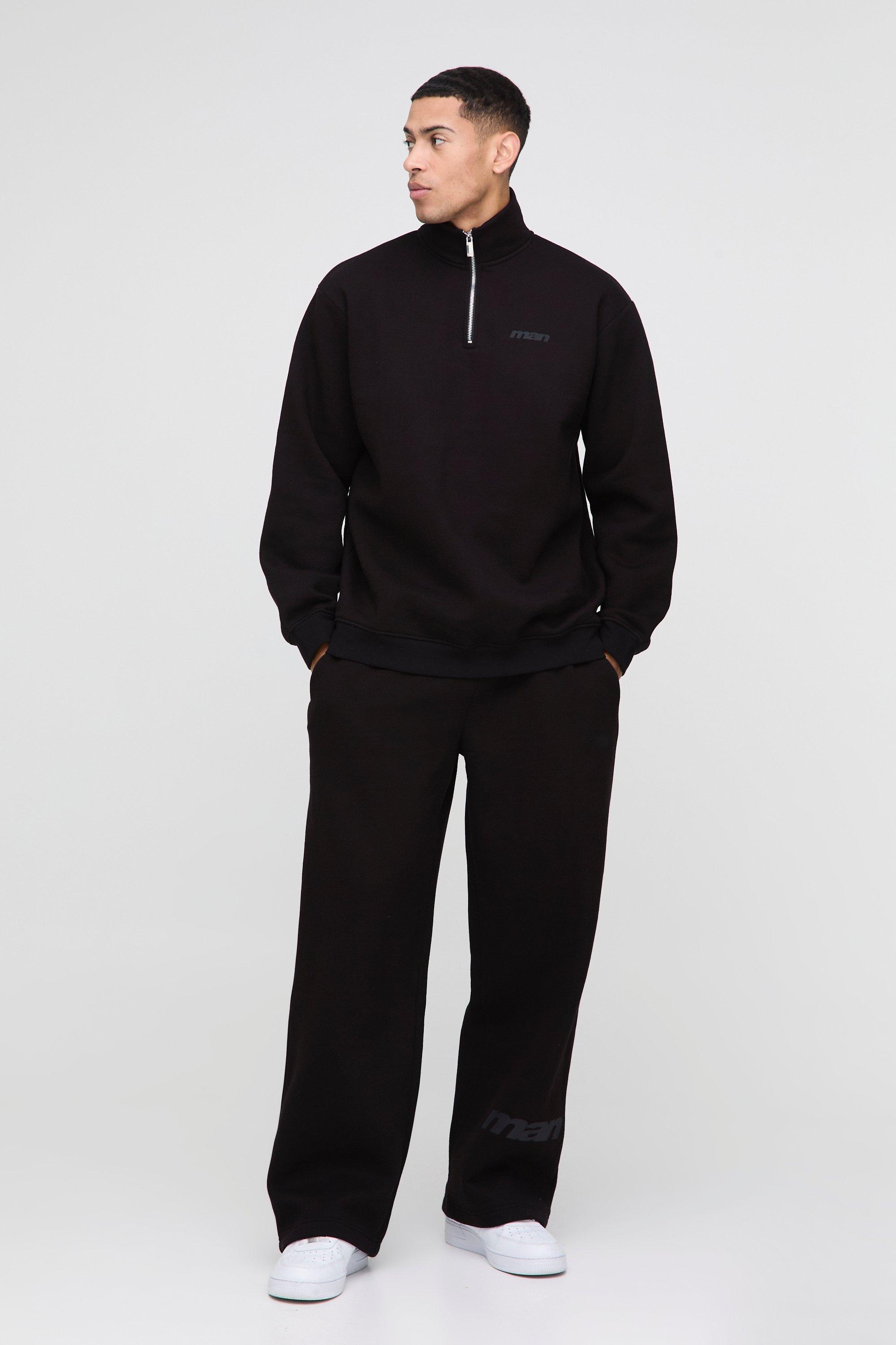 Mens Black Oversized Boxy Man Funnel Zip Neck Tracksuit, Black