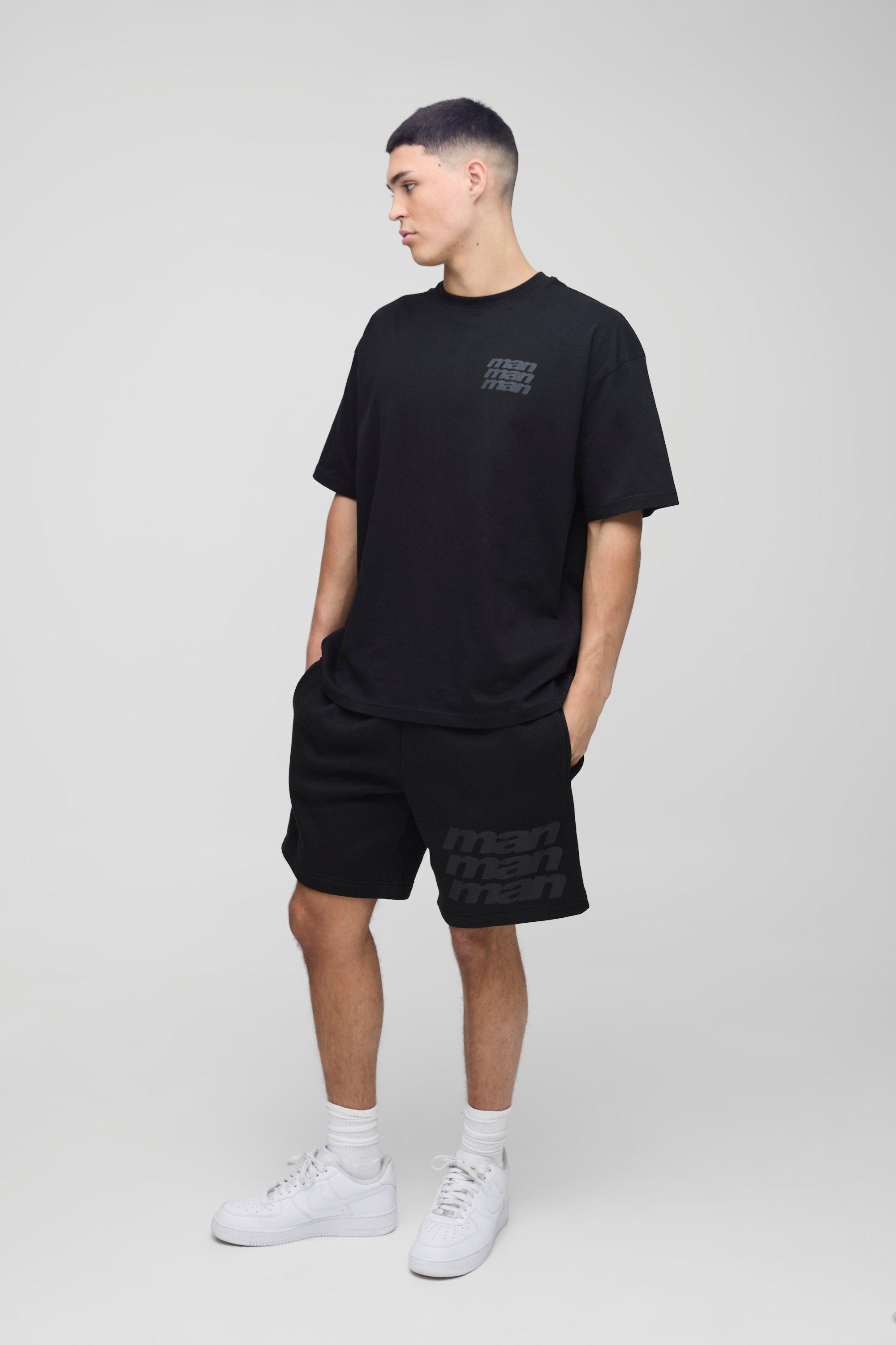 Mens Black Oversized Man T-Shirt & Short Set, Black