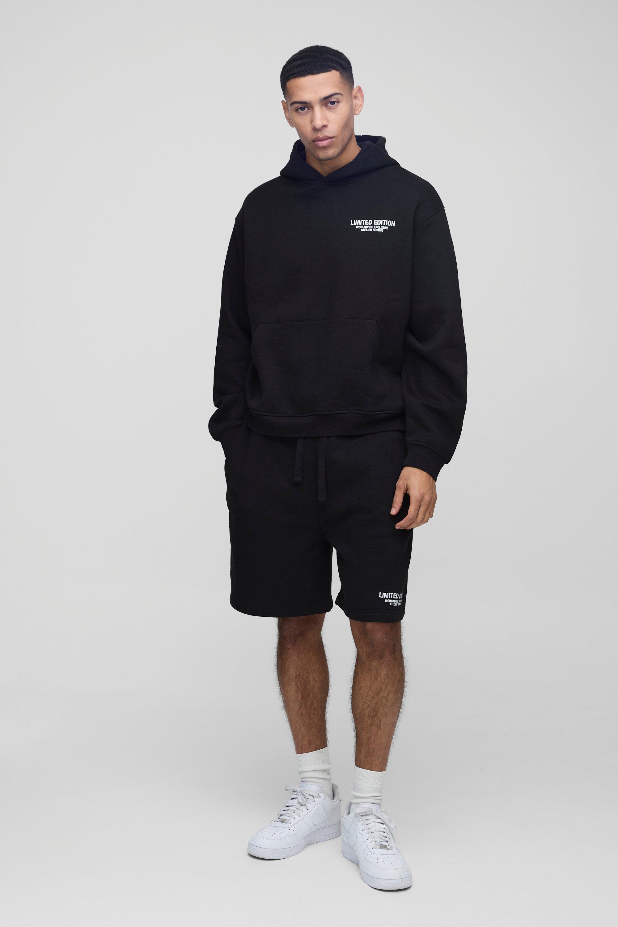 Mens Black Oversized Boxy Limited Drop Crotch Hooded Short Tracksuit, Black