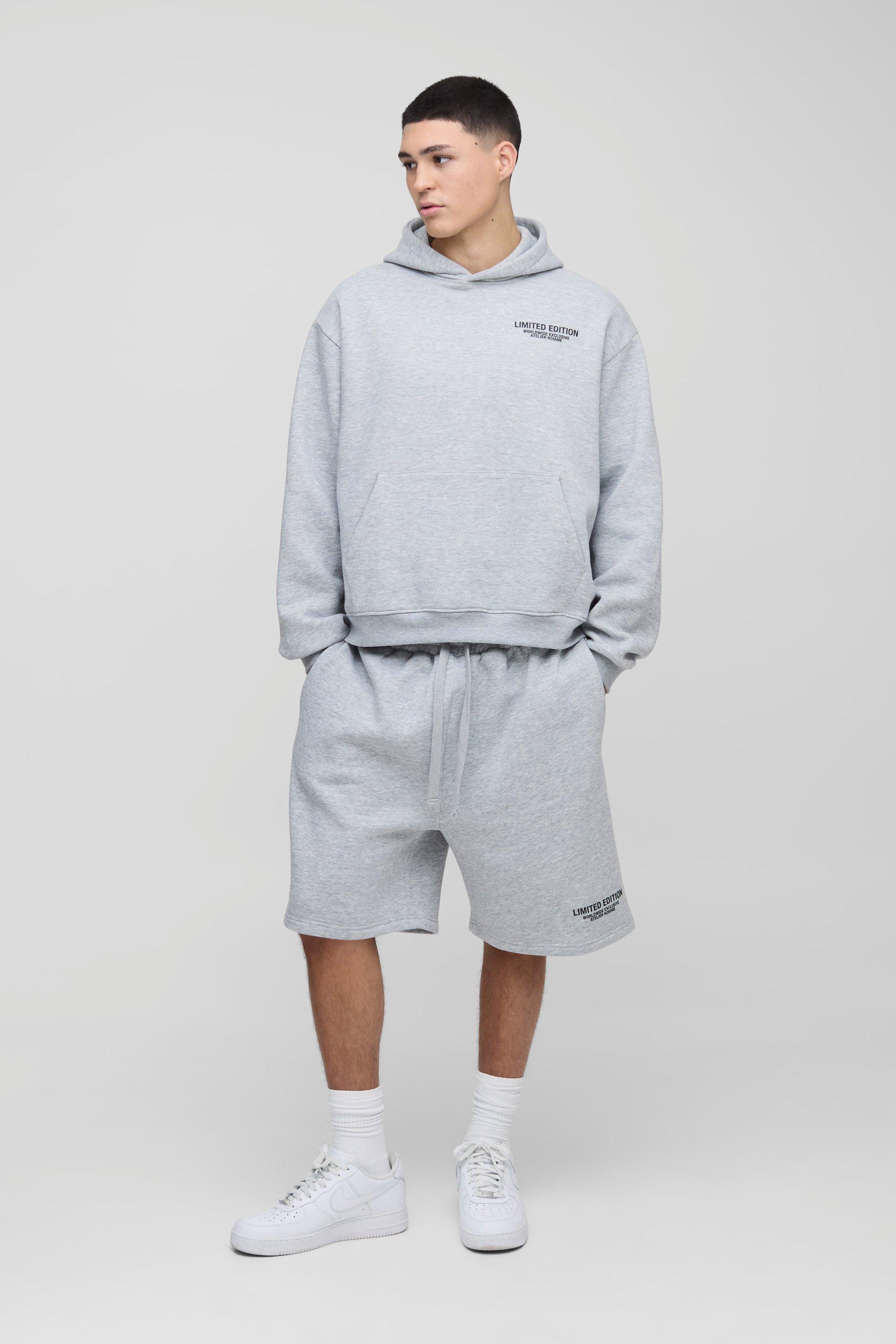 Mens Grey Oversized Boxy Limited Drop Crotch Hooded Short Tracksuit, Grey