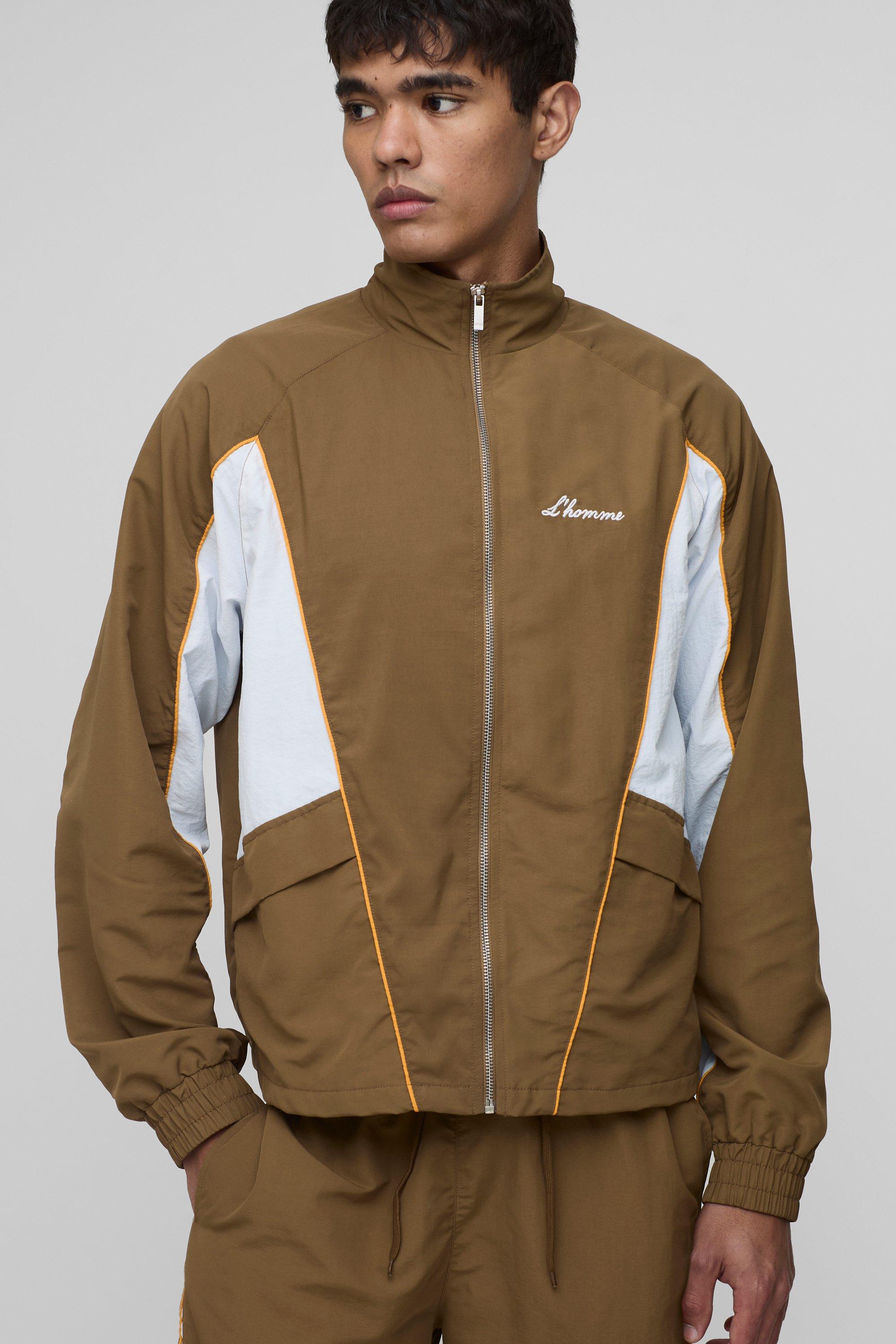Mens Brown Regular Fit Crinkle Nylon Panelled Track Jacket, Brown