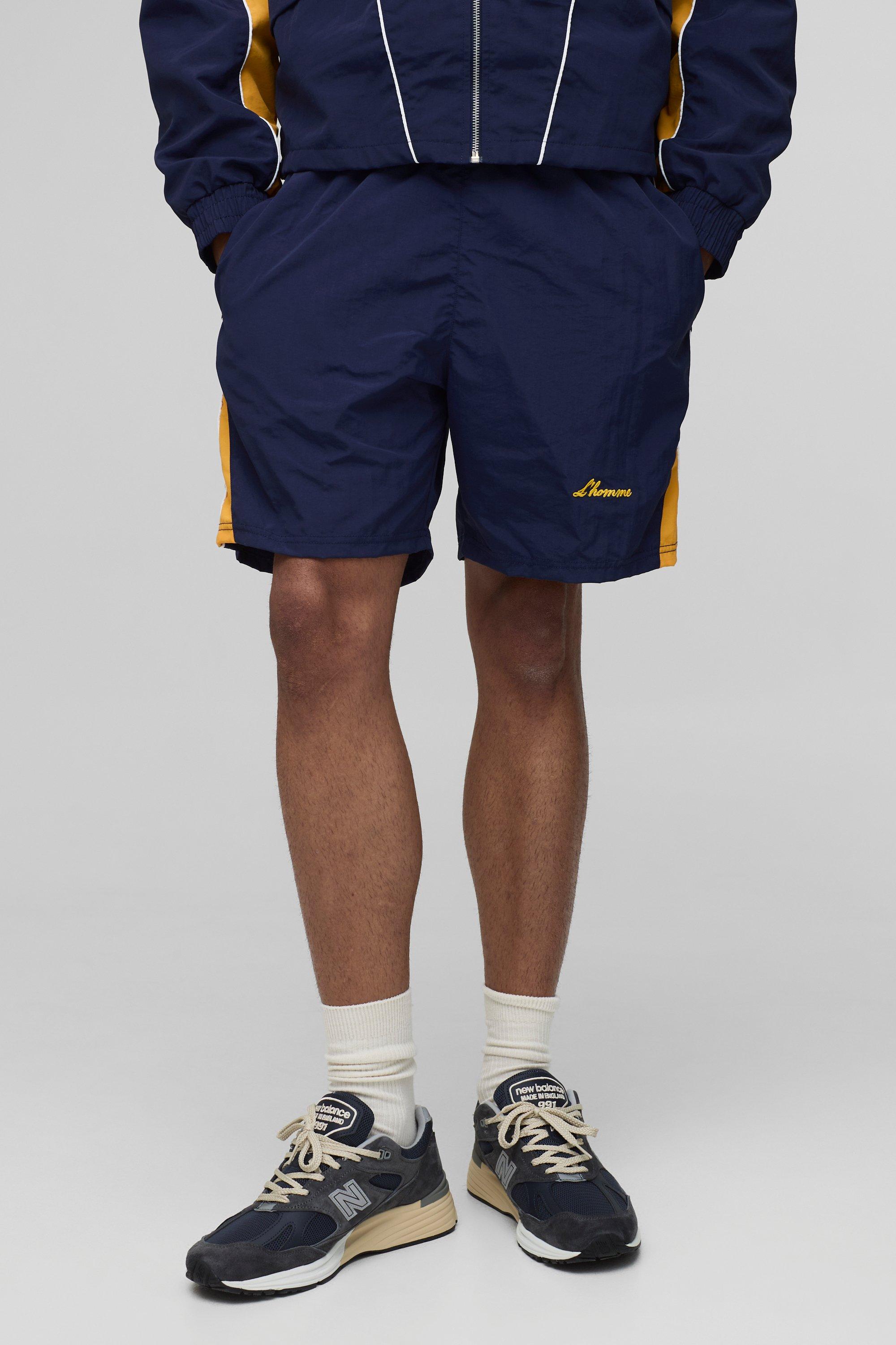 Image of Pantaloncini a blocchi di colore elasticizzati effetto goffrato, Navy