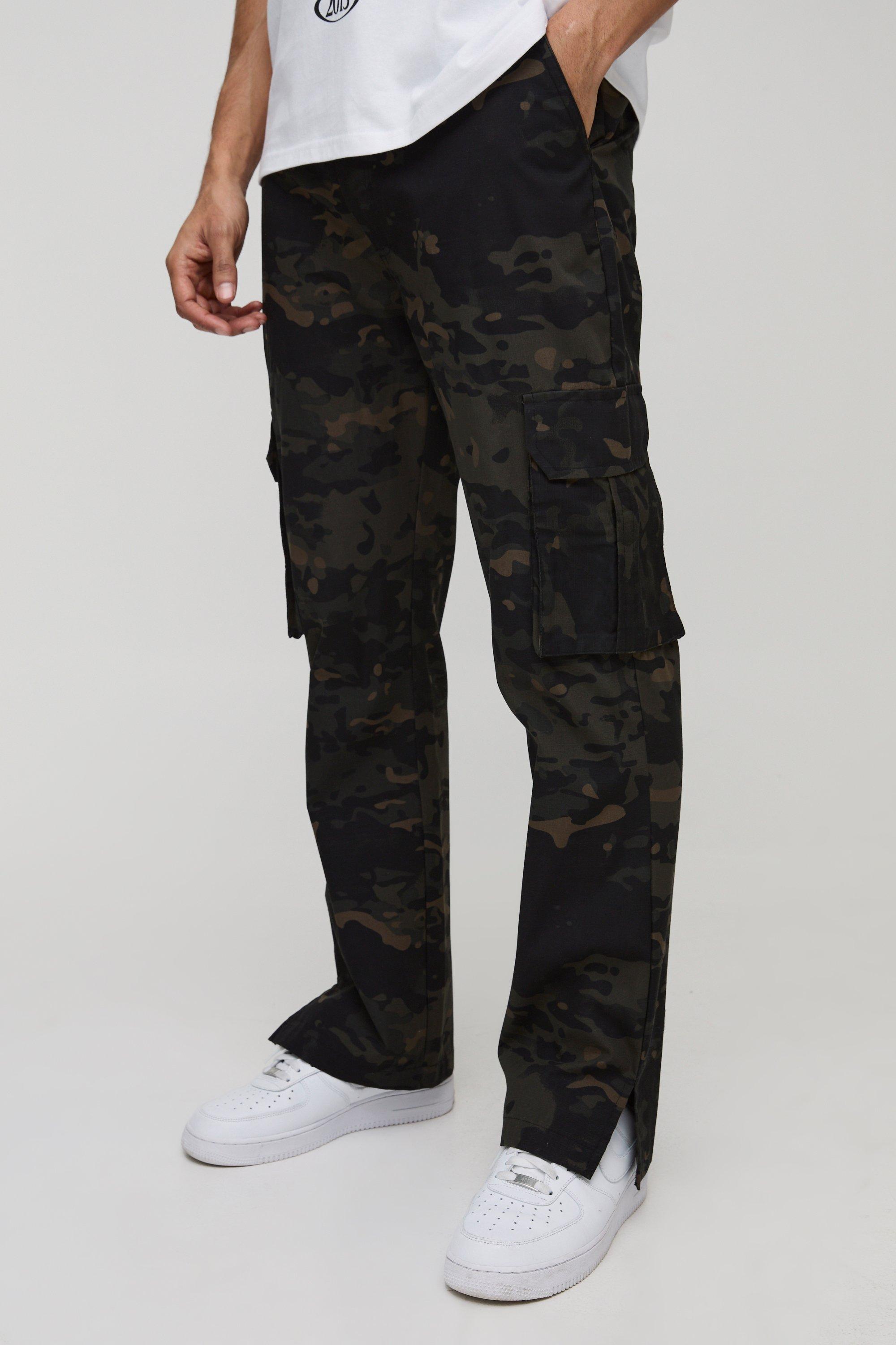 Mens Multi Slim Flare Ripstop Camo Cargo Trousers, Multi