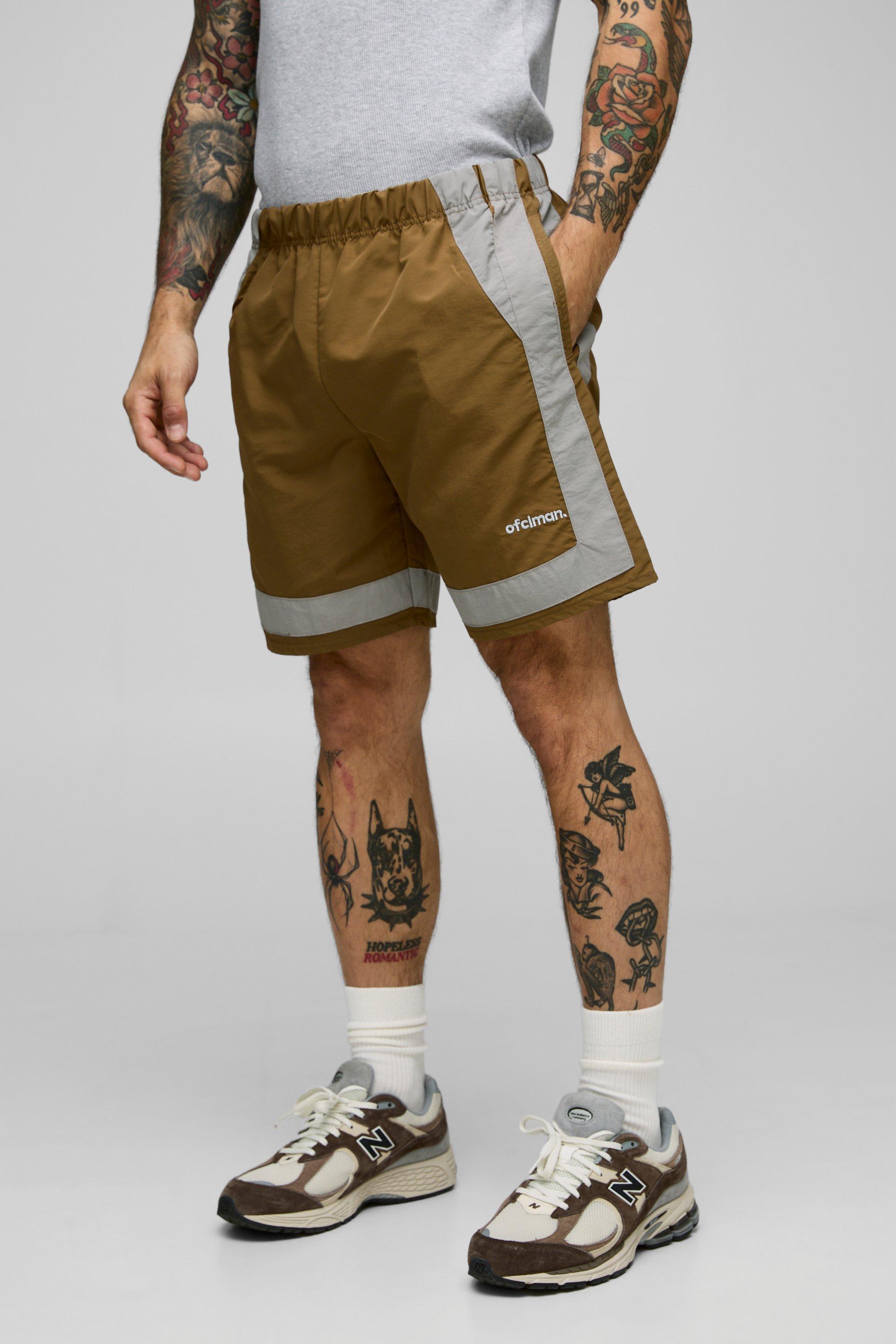 Mens Green Elasticated Waist Relaxed Crinkle Nylon Colour Block Shorts, Green