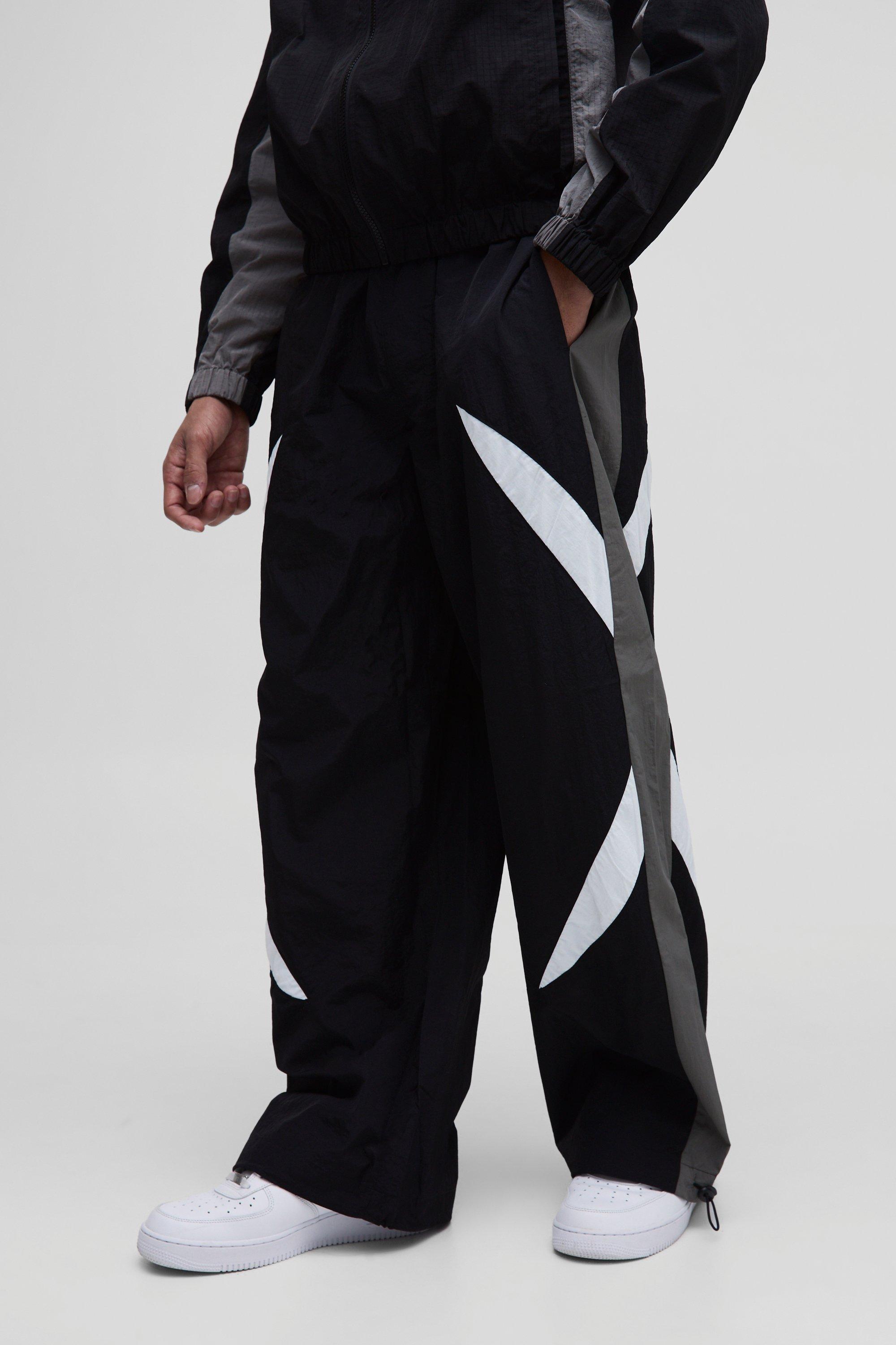 Mens Black Elasticated Waist Parachute Side Stripe trousers, Black