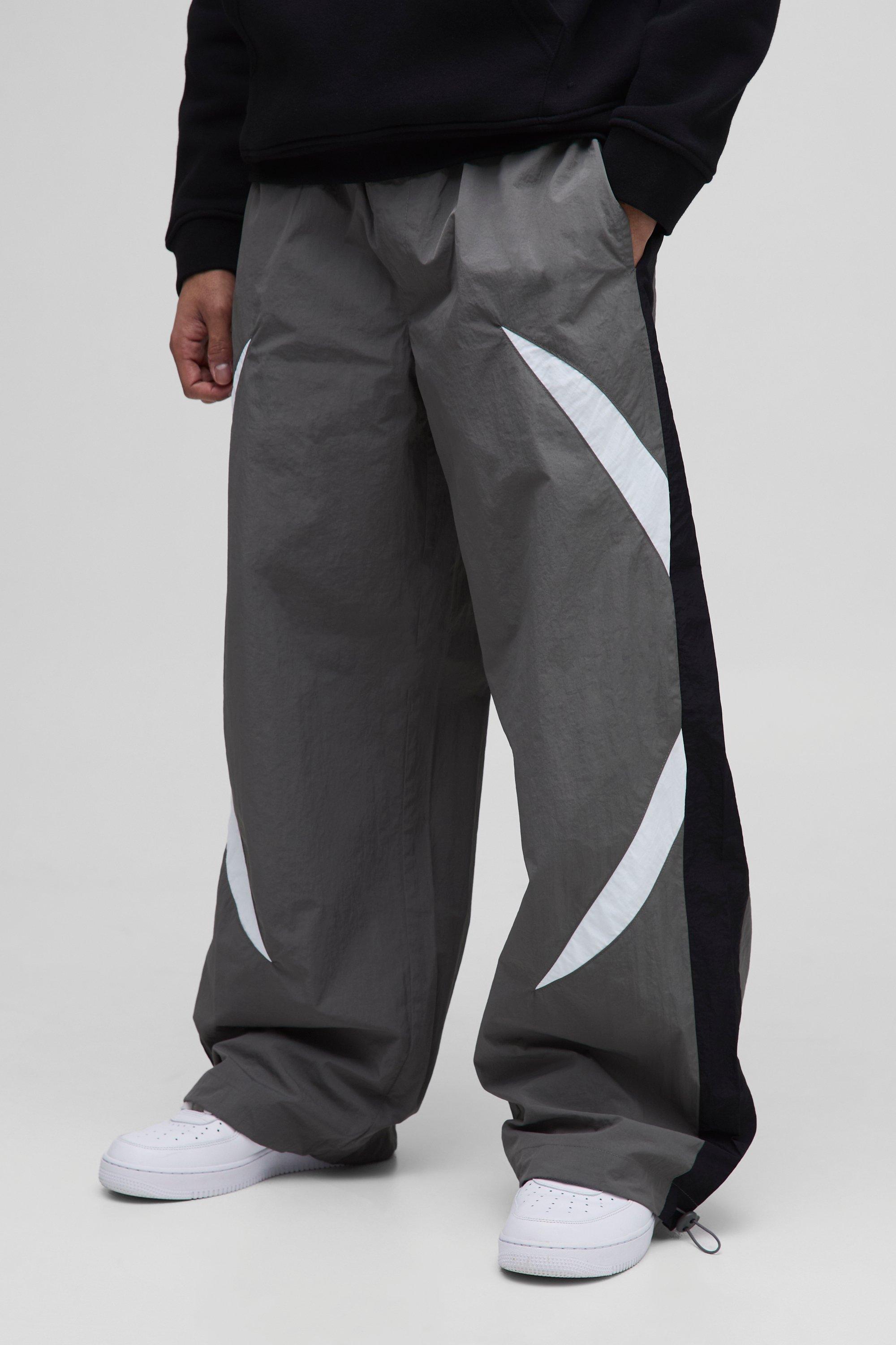 Mens Grey Elasticated Waist Parachute Side Stripe trousers, Grey