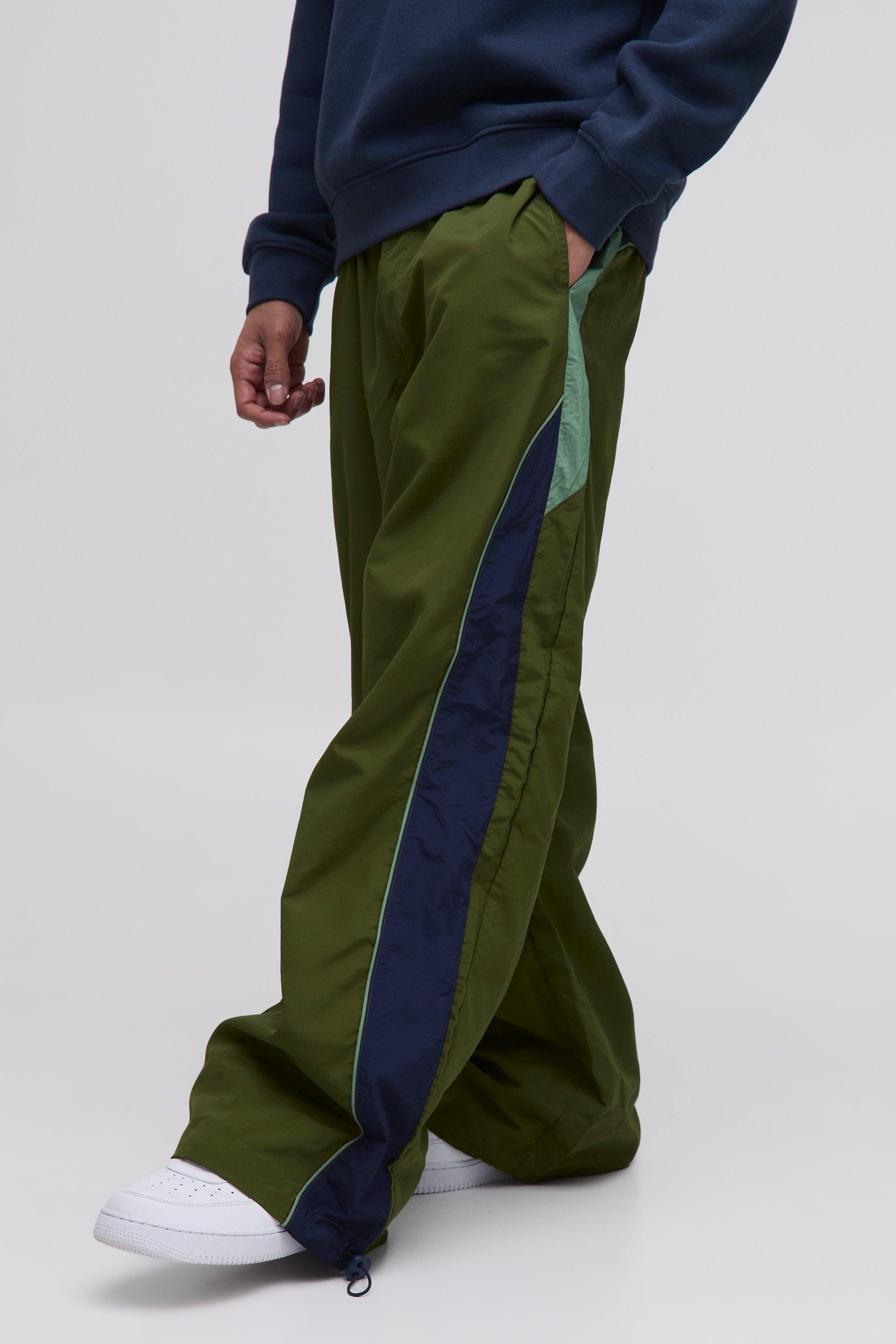 Mens Green Elasticated Waist Parachute Side Stripe trousers, Green