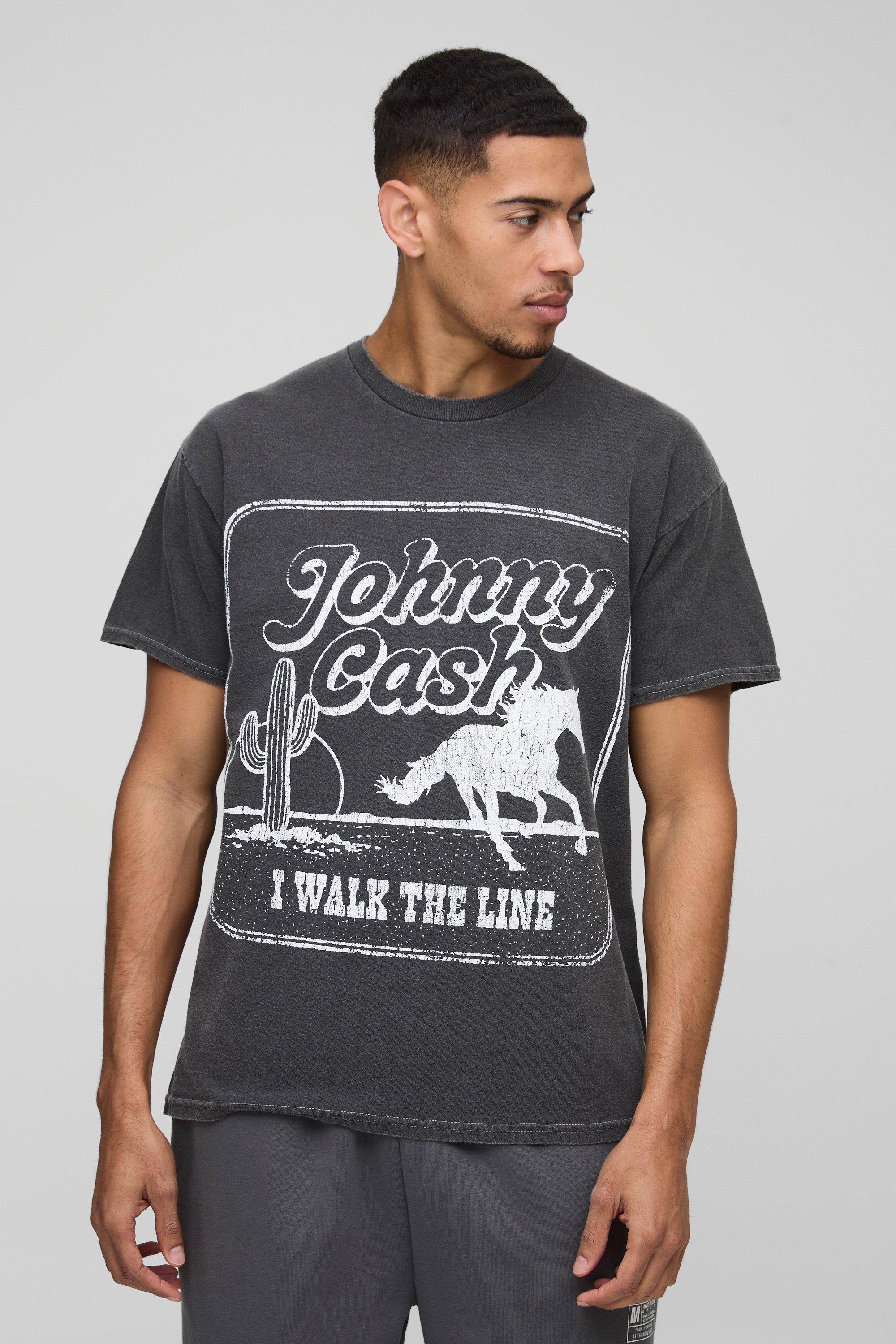 Mens Grey Regular Fit Johnny Cash Western License Washed T-Shirt, Grey