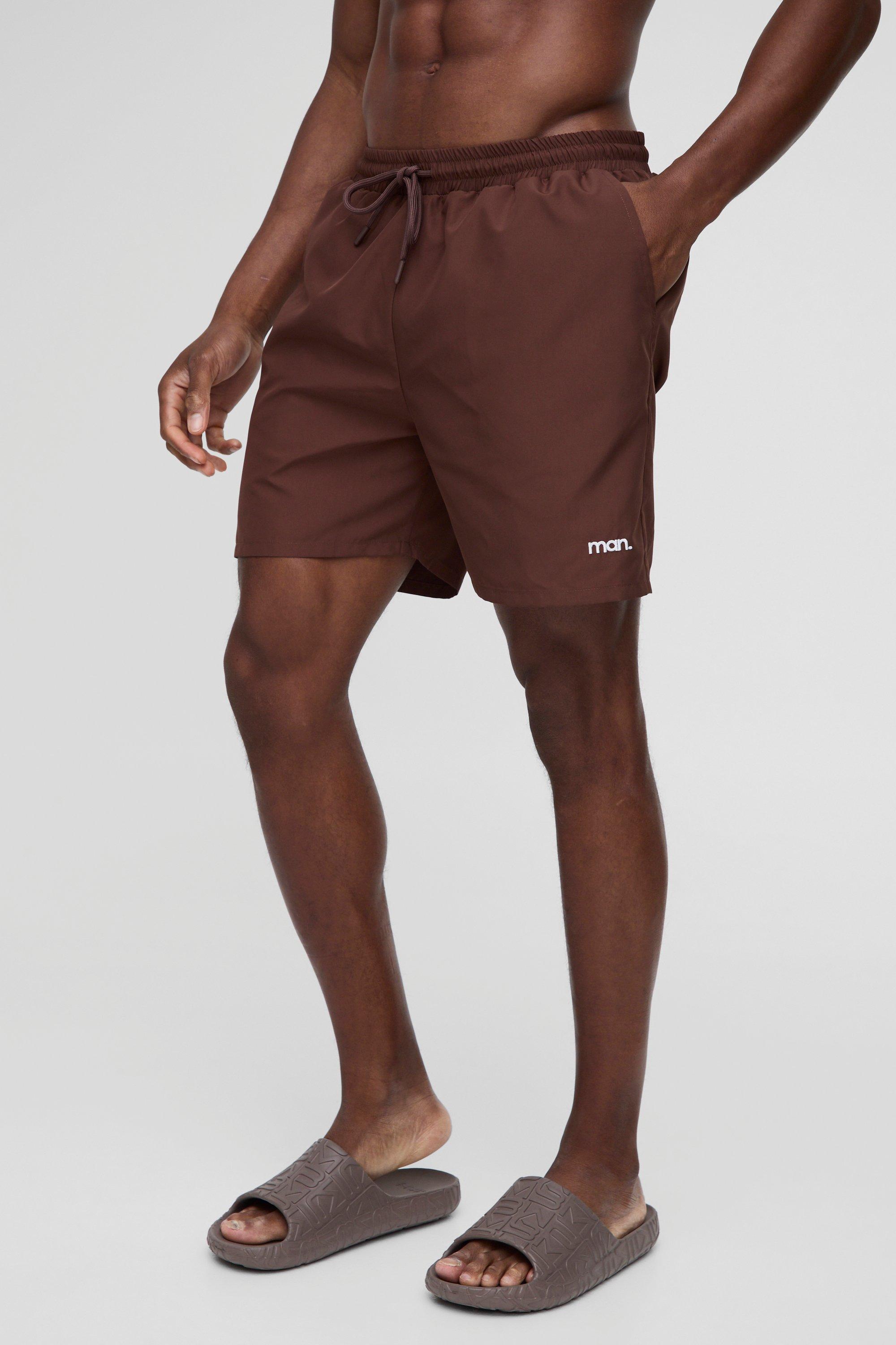 Mens Brown Mid Length Branded Swim Shorts, Brown