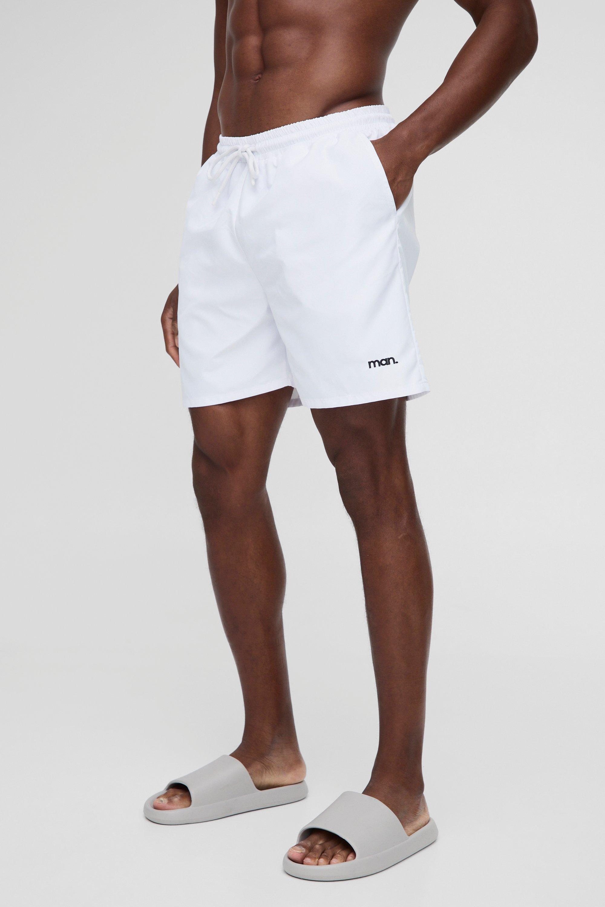 Mens White Mid Length Branded Swim Shorts, White