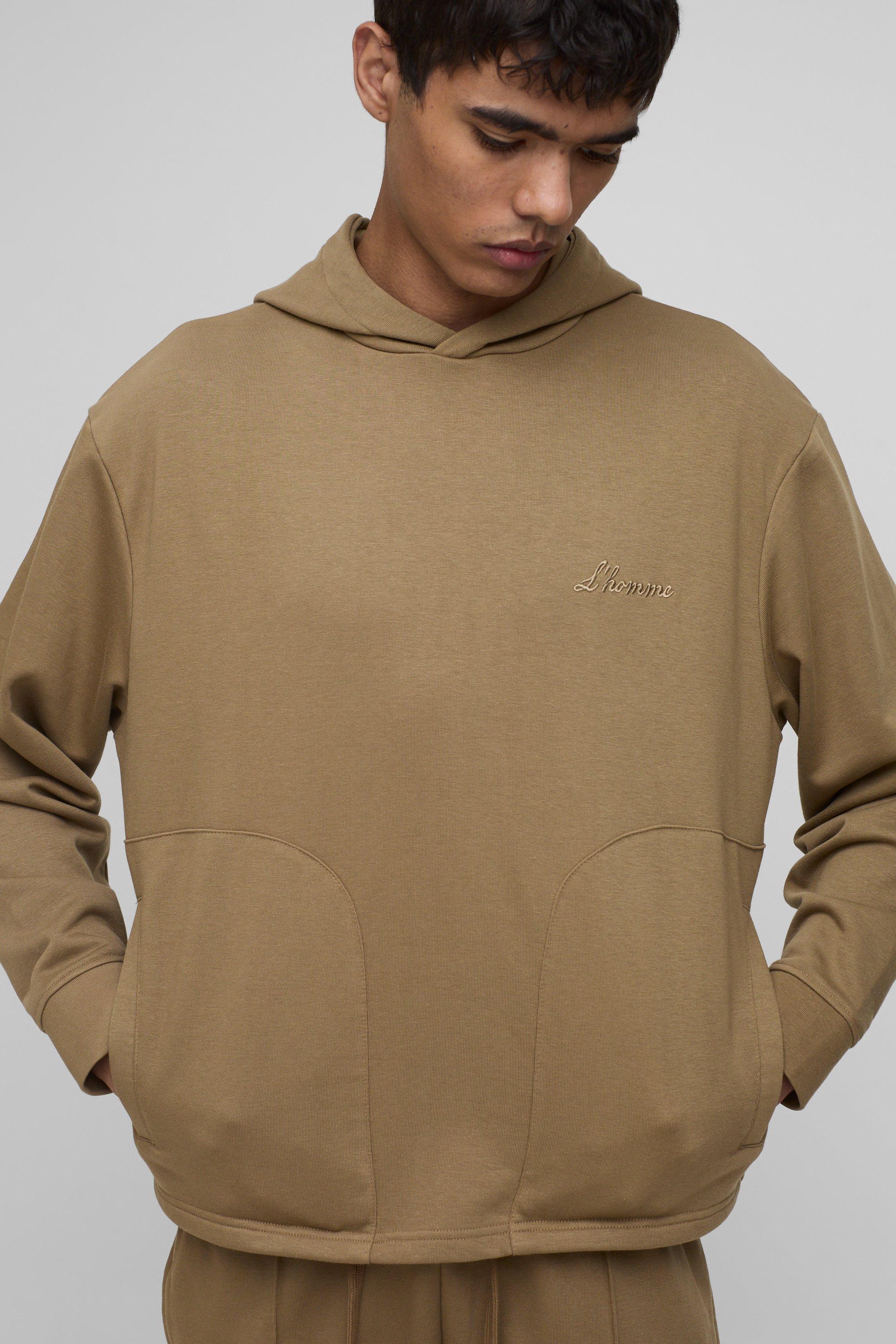 Mens Brown Regular Fit Tonal Embroidered Welt Pocket Hoodie, Brown