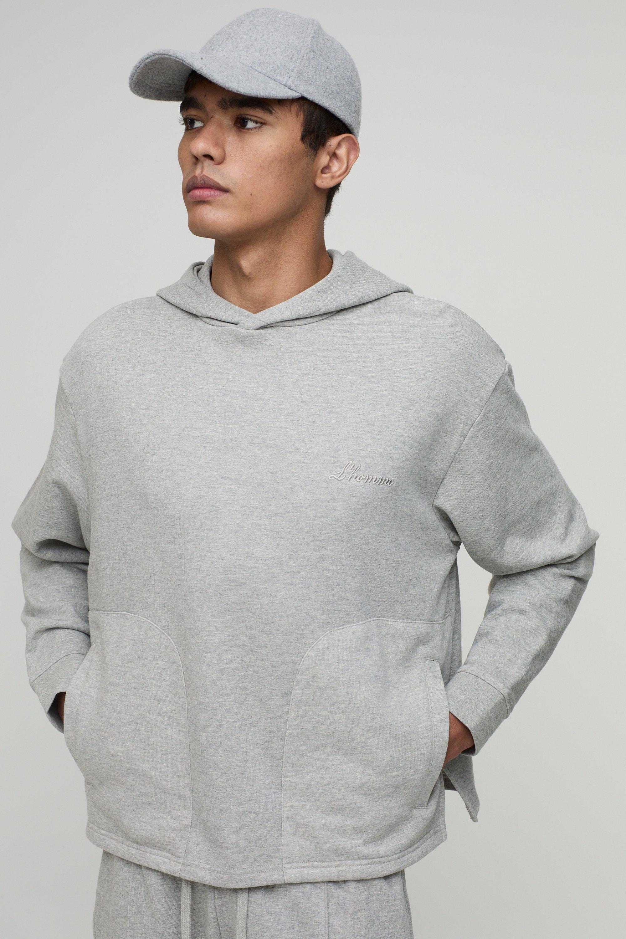 Mens Grey Regular Fit Tonal Embroidered Welt Pocket Hoodie, Grey