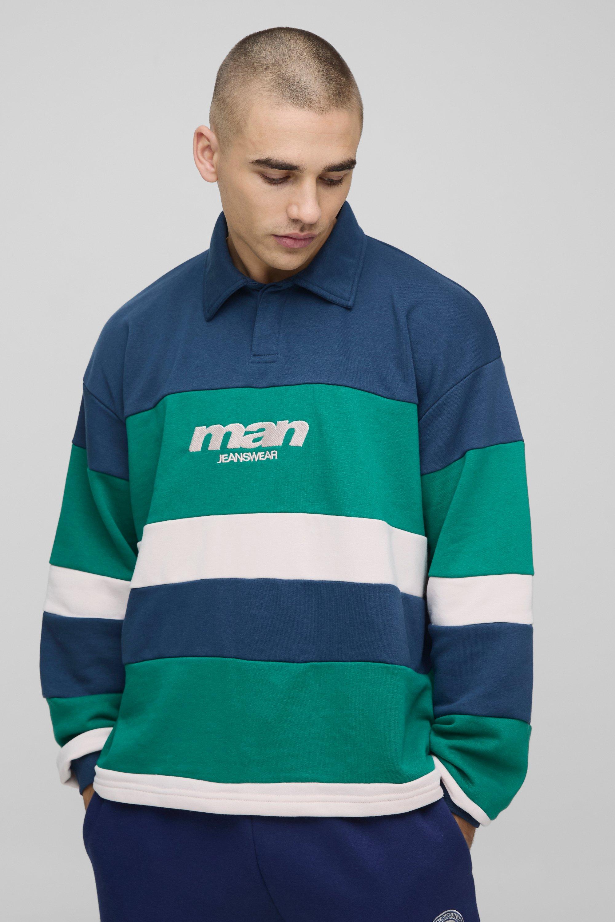 Mens Navy Oversized Man Stripe Rugby Polo, Navy