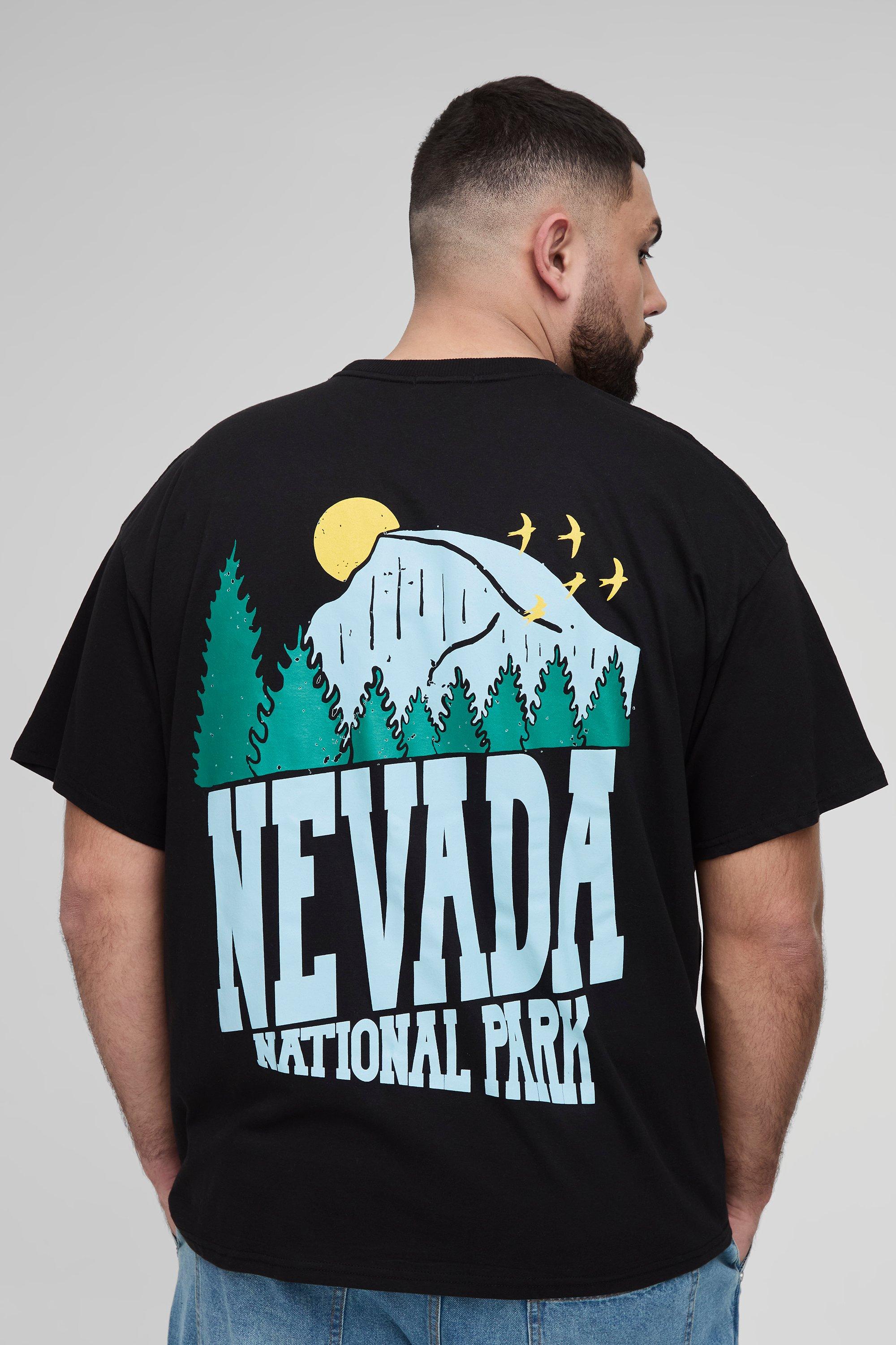 Mens Black Plus Oversized National Park Print T-Shirt, Black
