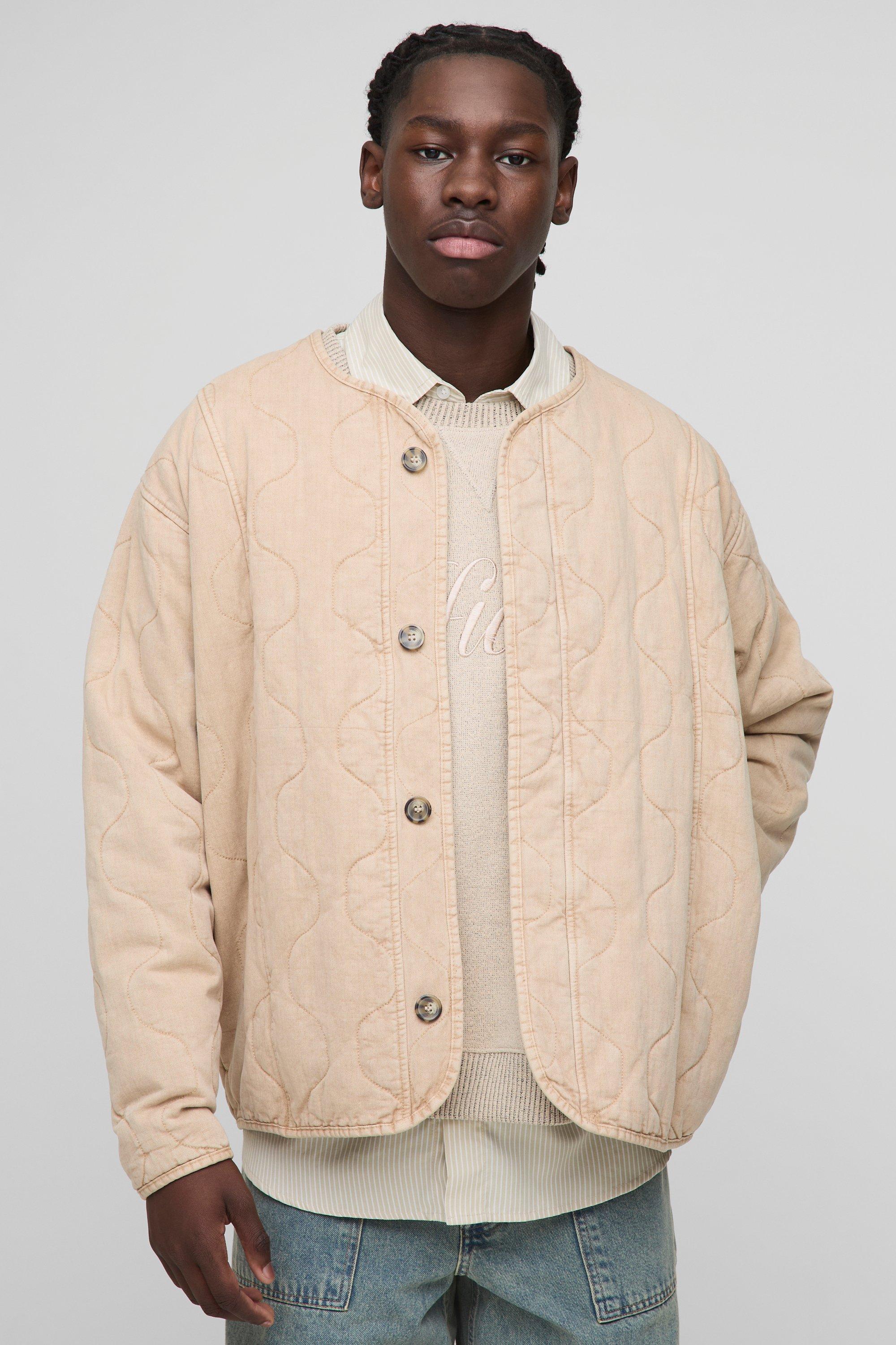 Image of Giacca Bomber oversize in twill slavato trapuntato senza colletto, Beige