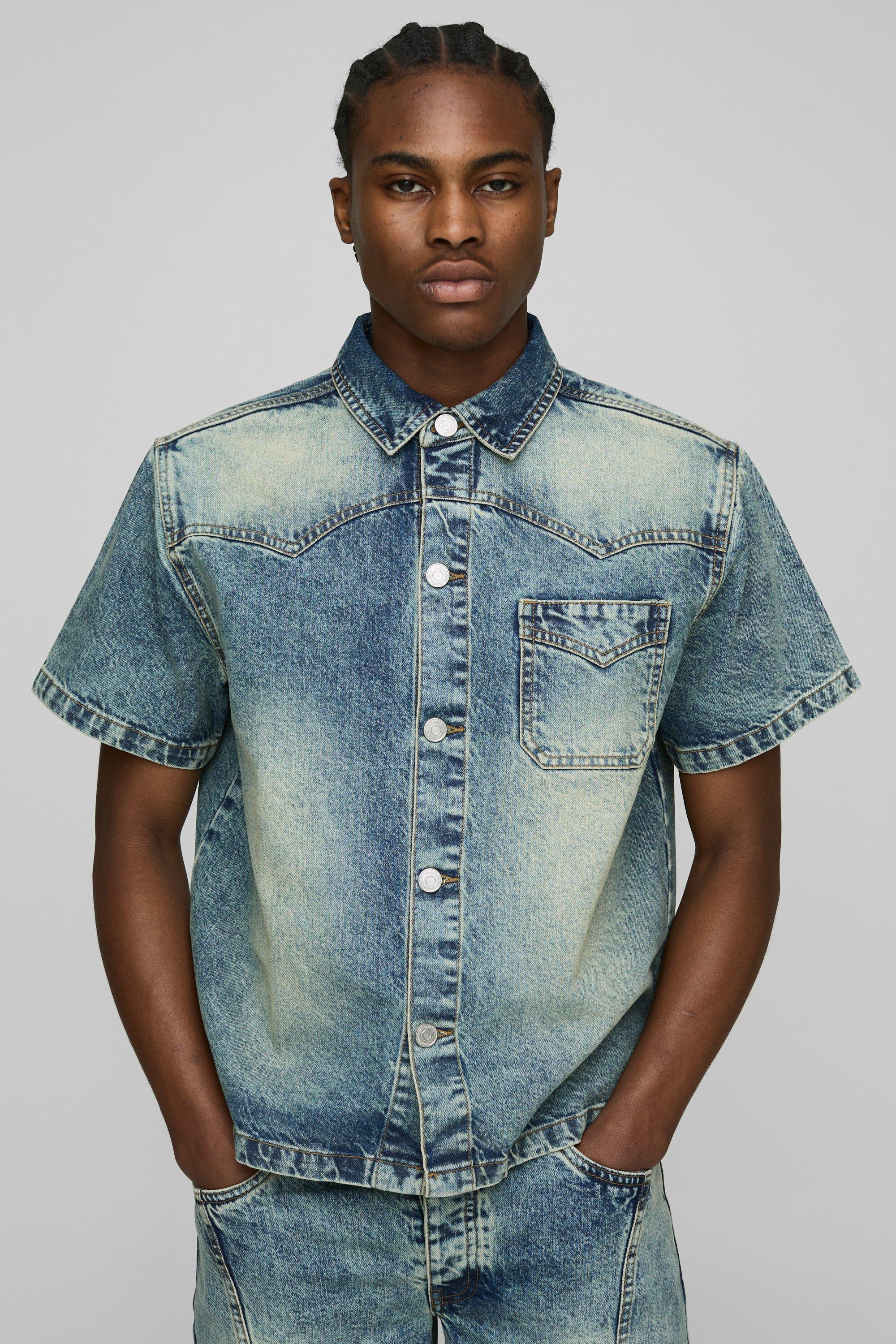 Mens Grey Boxy Washed Denim Shirt, Grey