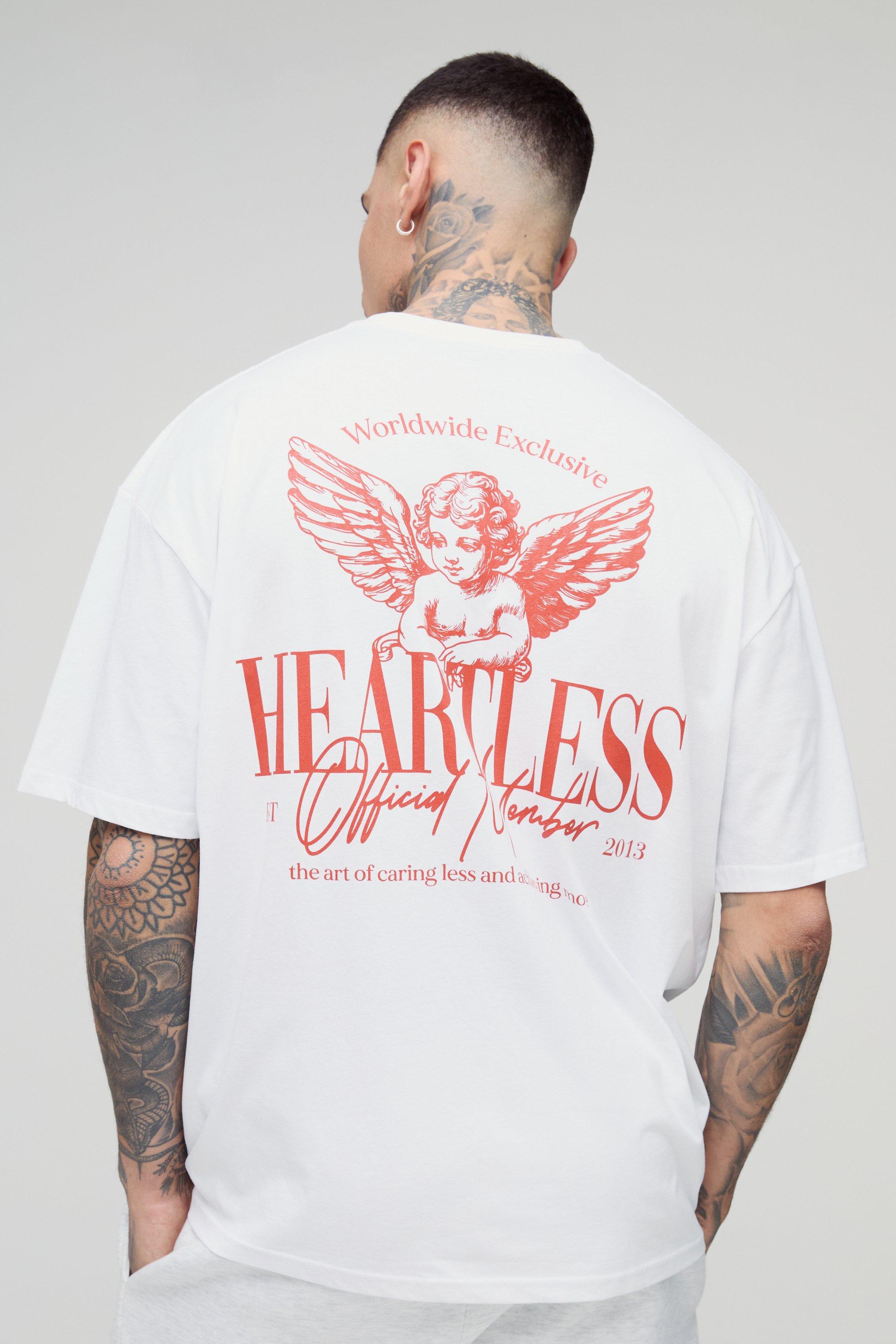 Mens White Tall Oversized Heartless Cherub Heart Graphic T-Shirt, White