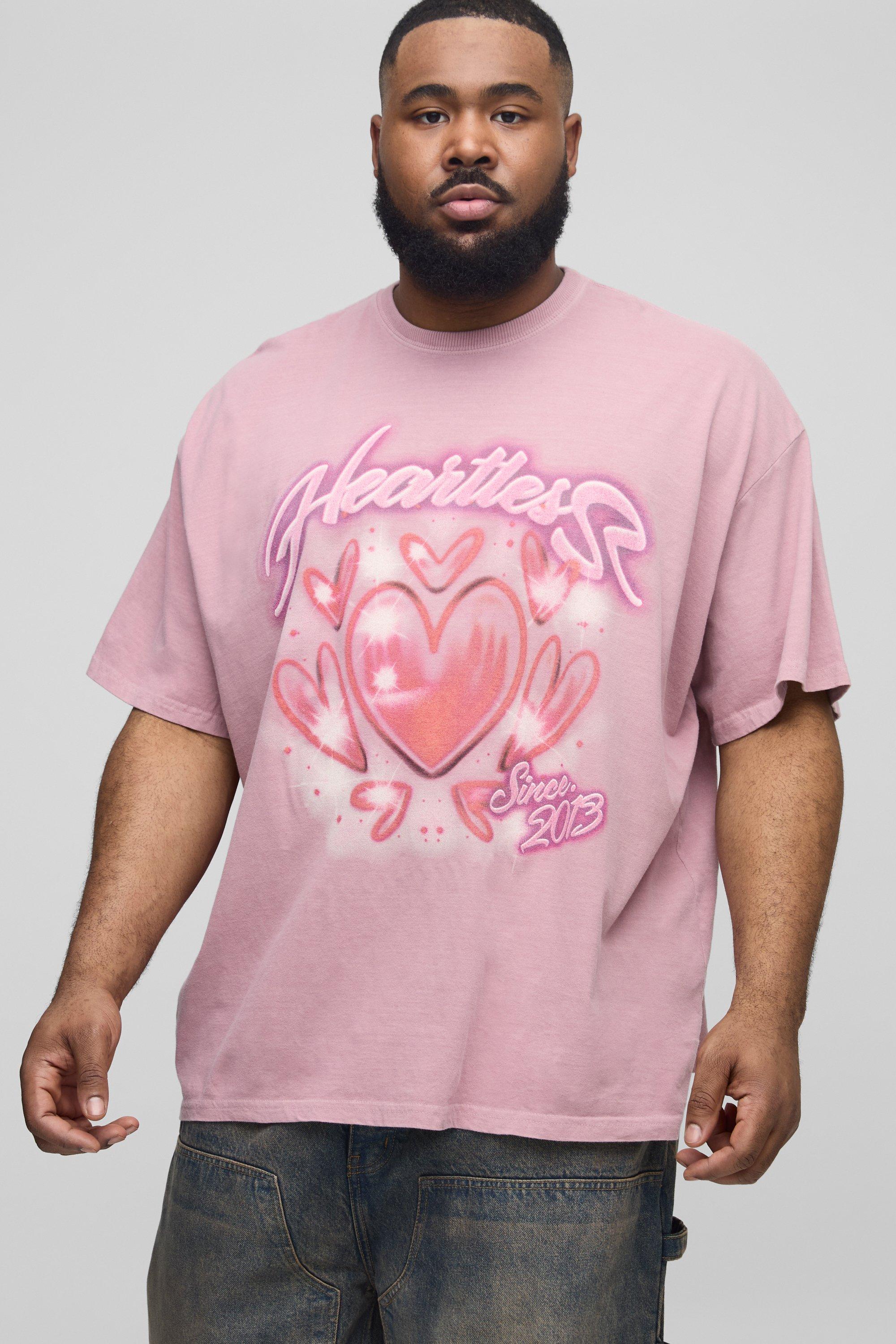 Mens Pink Plus Oversized Washed Heartless Airbrush Graphic T-Shirt, Pink