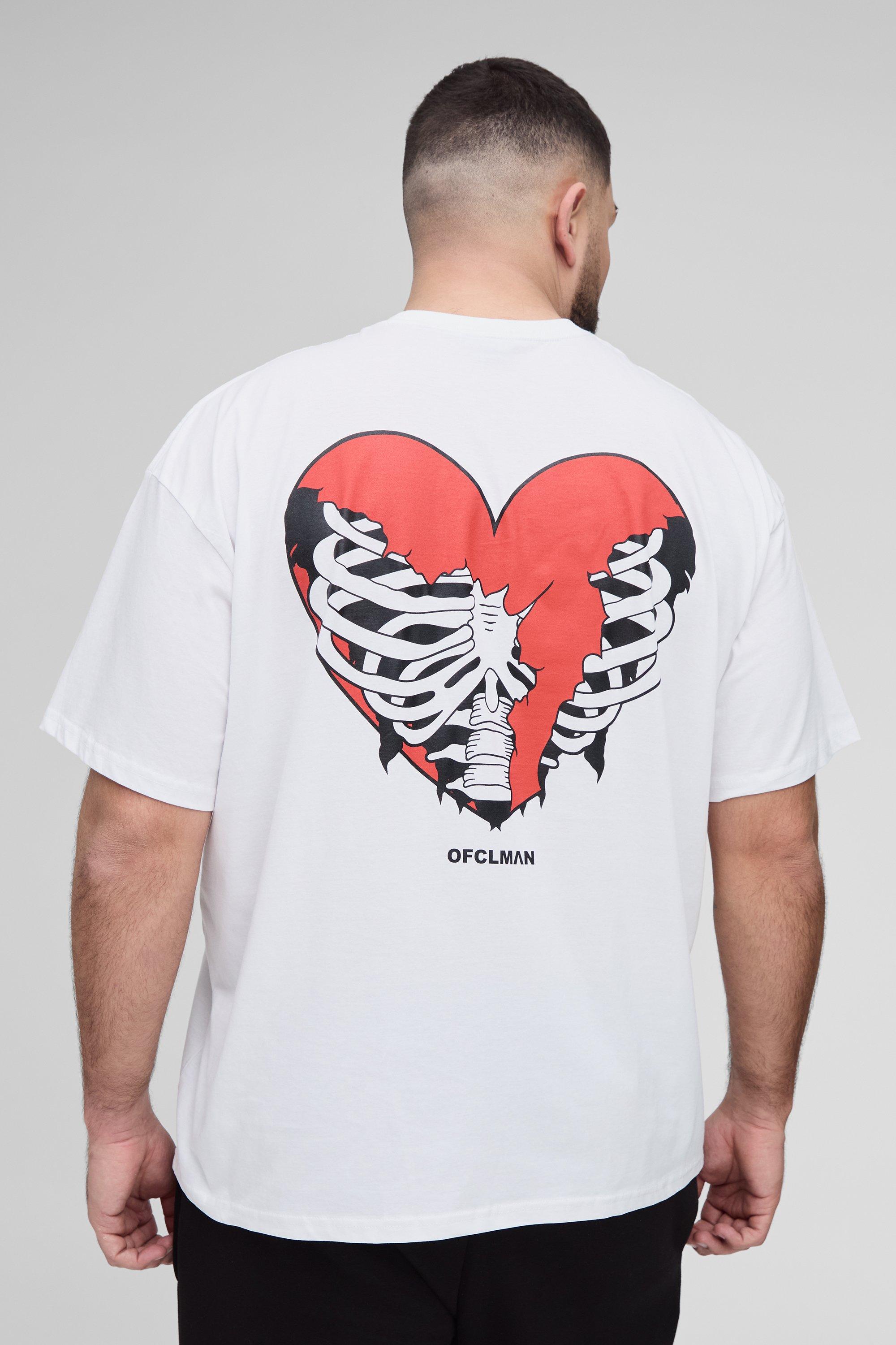Mens White Plus Oversized Skeleton Heart Graphic T-Shirt, White