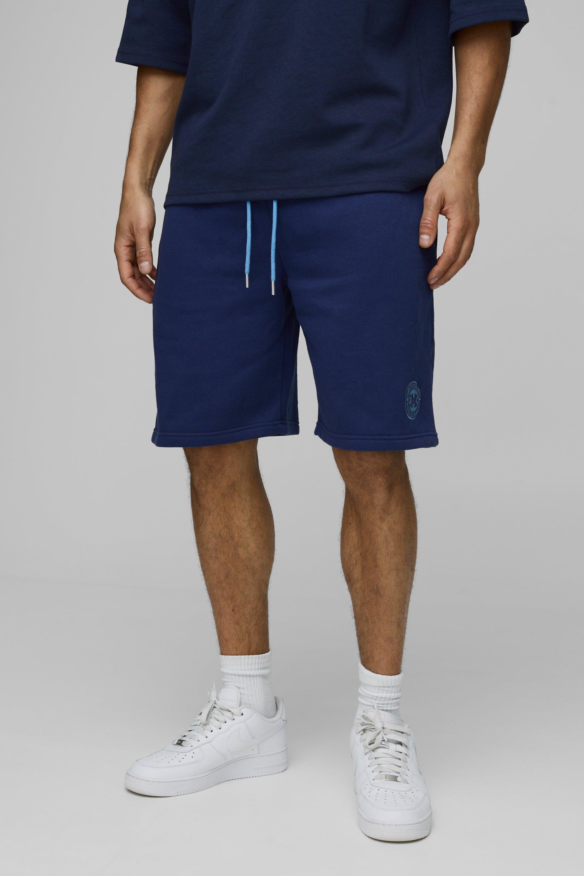 Mens Navy Oversized Embroidered Shorts, Navy