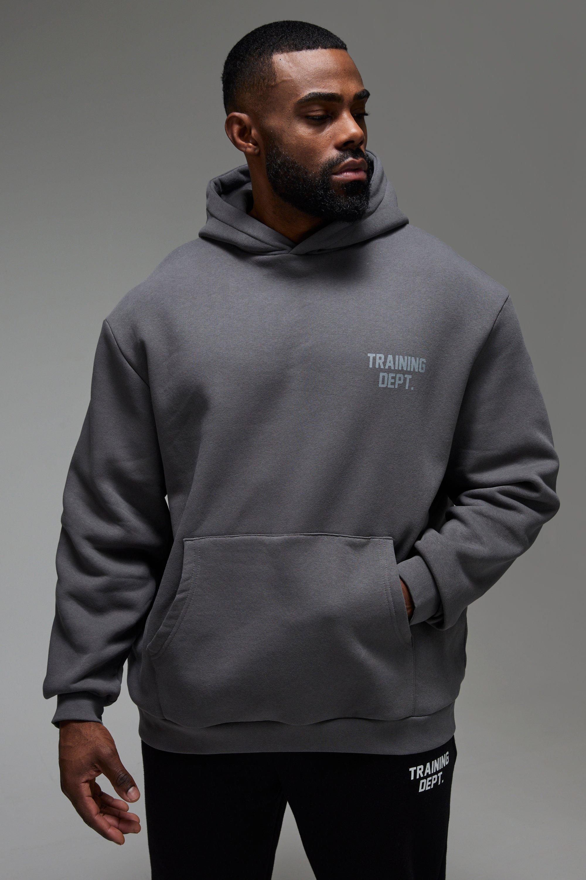 Mens Grey Man Active Training Dept Oversized Embossed Hoodie, Grey