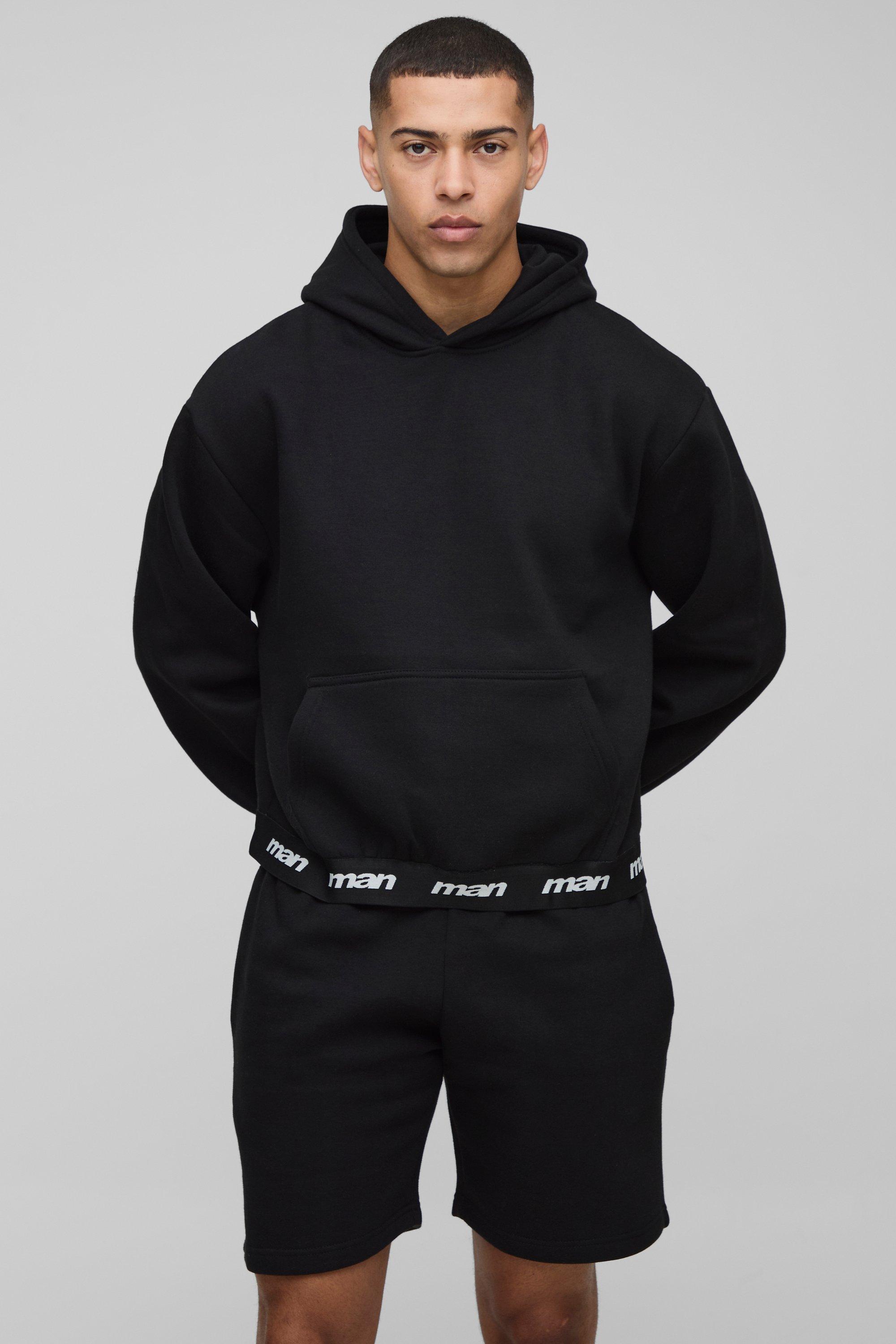 Mens Black Oversized Boxy Man Double Waistband Short Tracksuit, Black