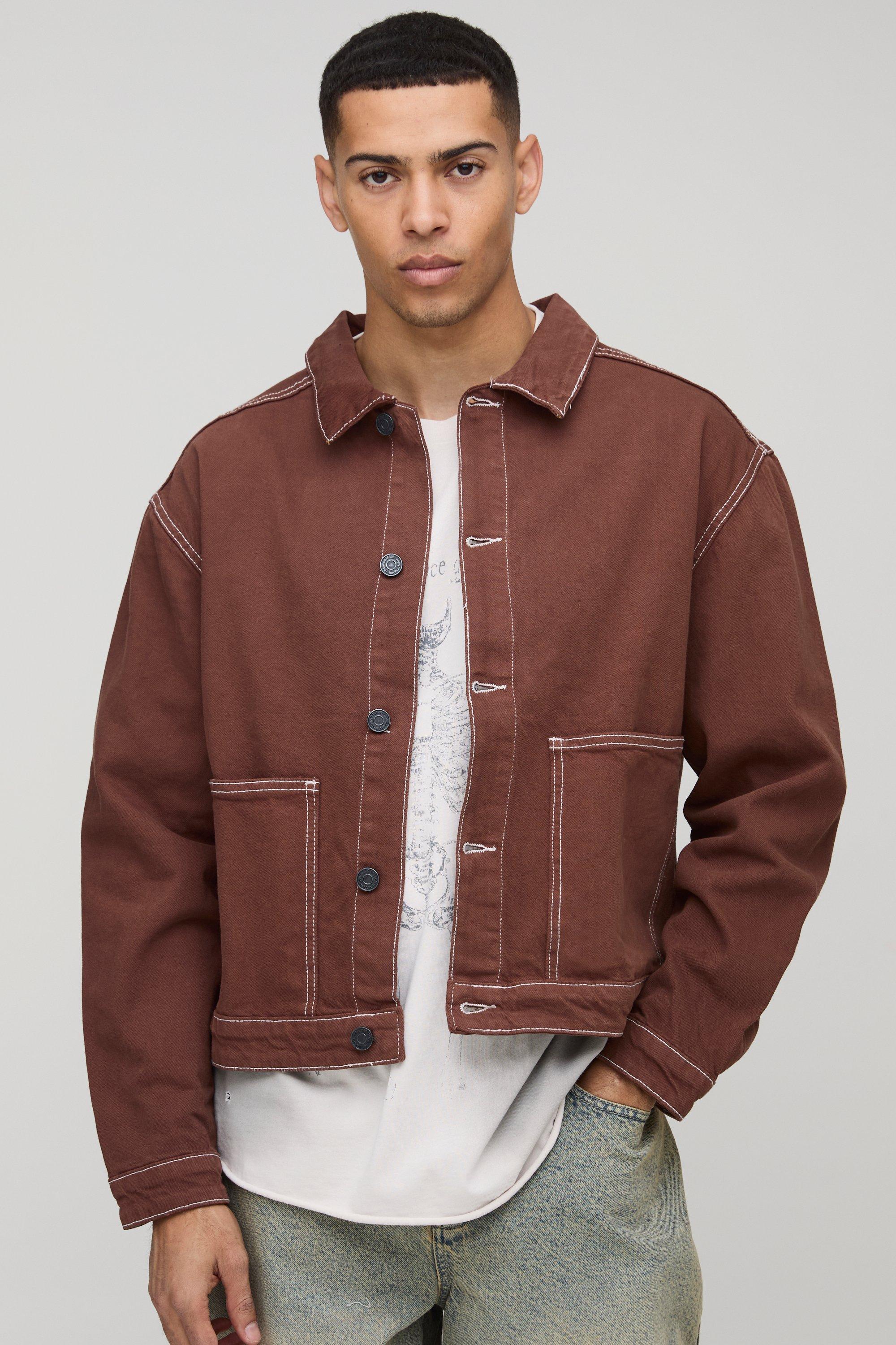 Mens Brown Boxy Harrington Contrast Stitch Denim Jacket, Brown
