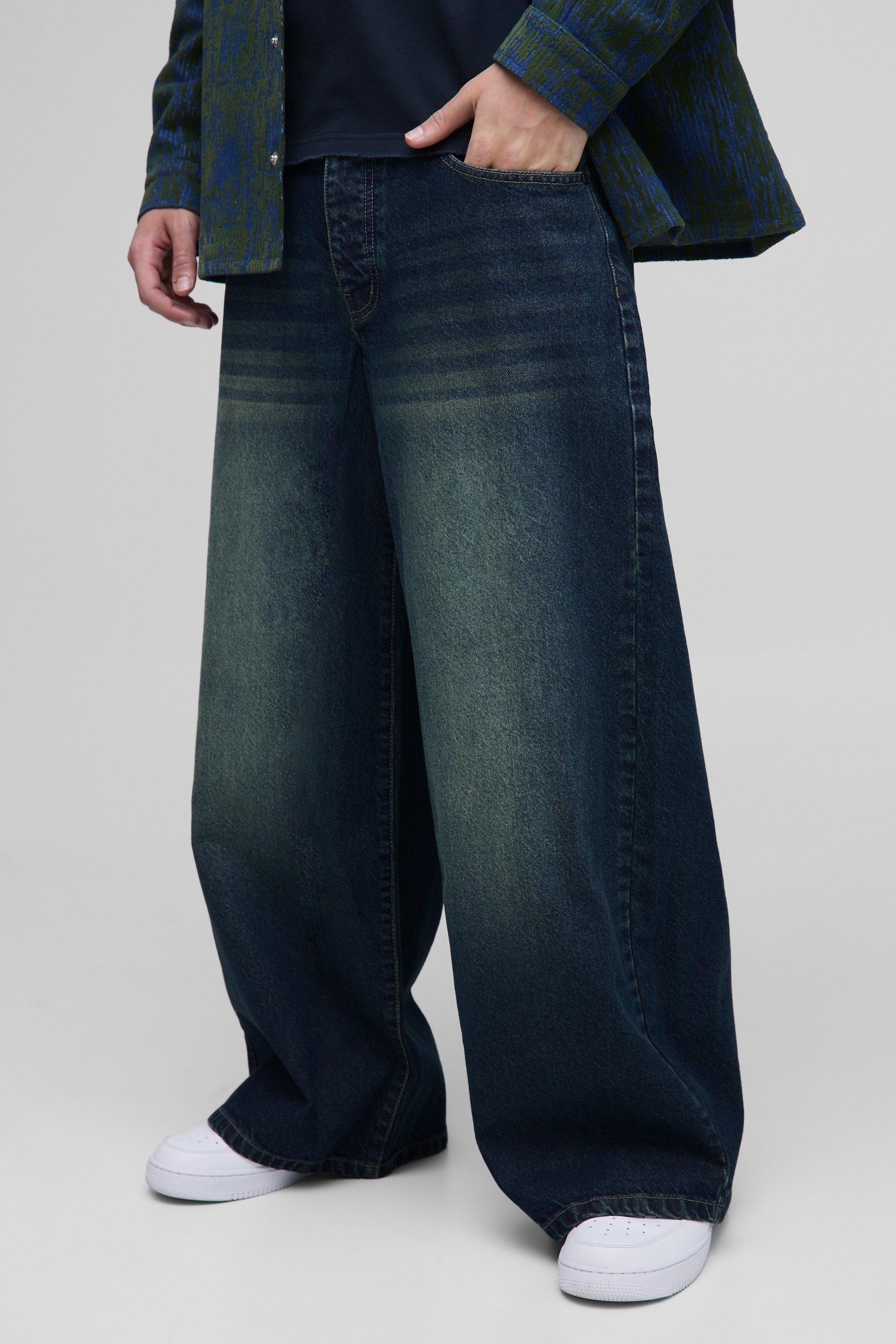 Mens Green Extreme Baggy Rigid Petrol Tinted Washed Jeans, Green