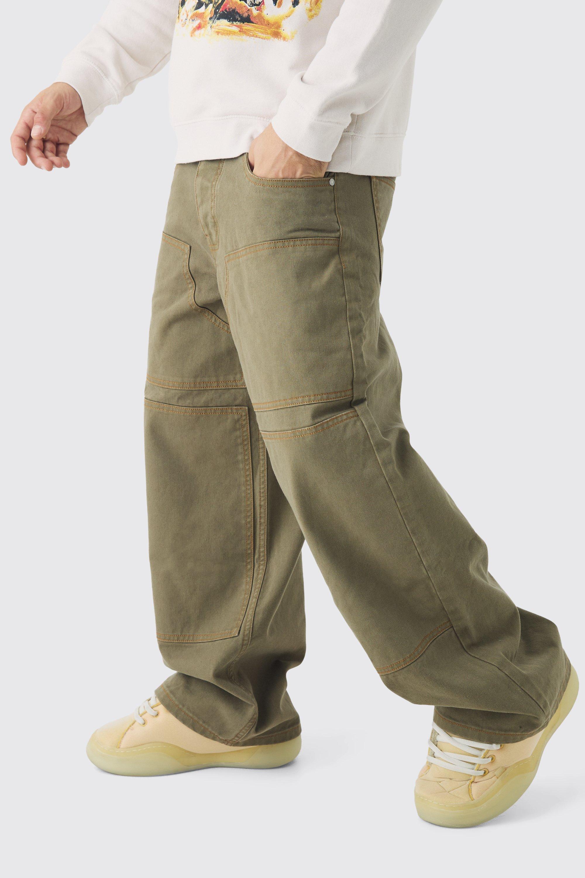 Boohoo Keperstof Baggy Utility Broek Met Contrasterende Stiksels, Khaki