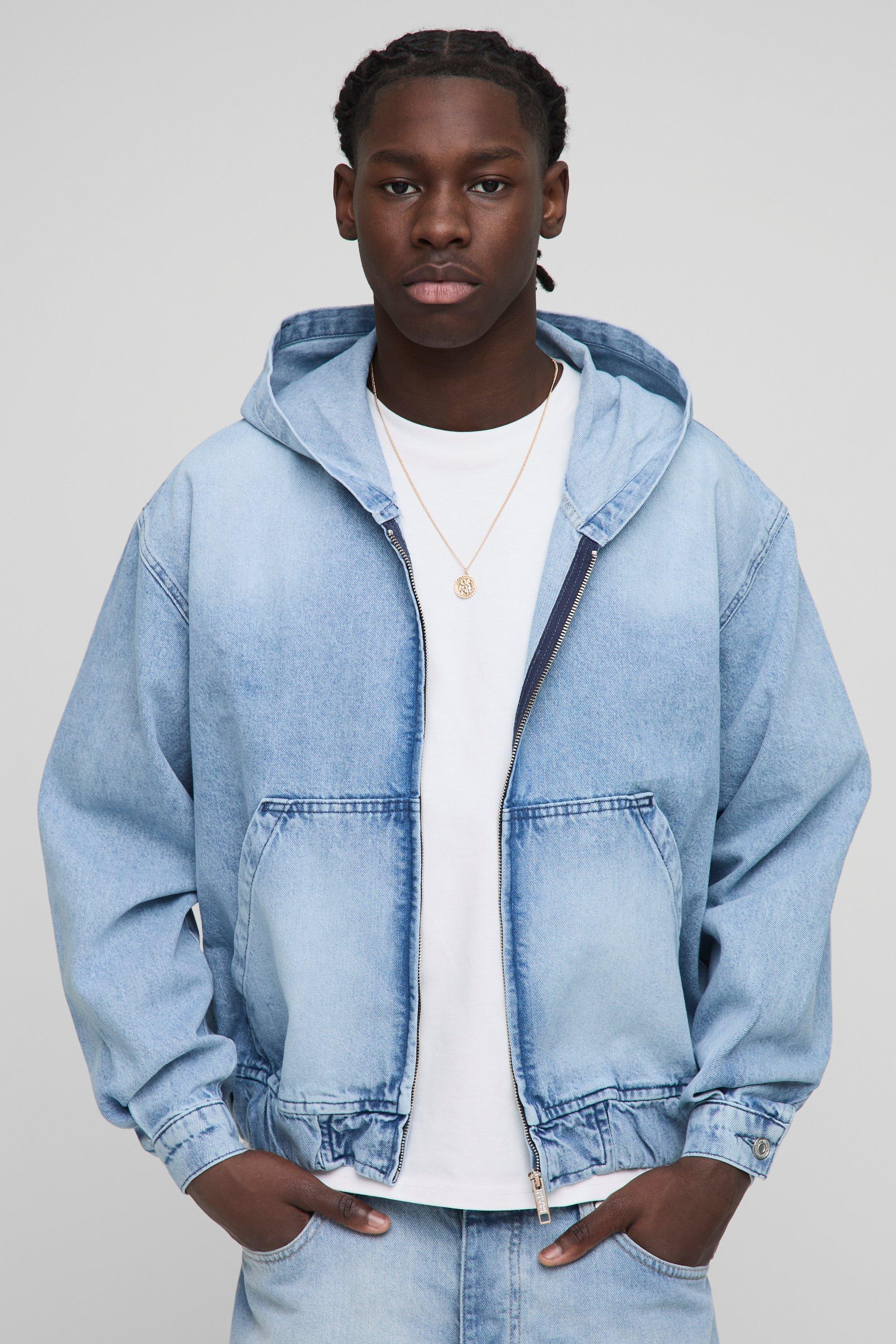 Image of Felpa squadrata oversize in denim slavato azzurro con cappuccio, Azzurro
