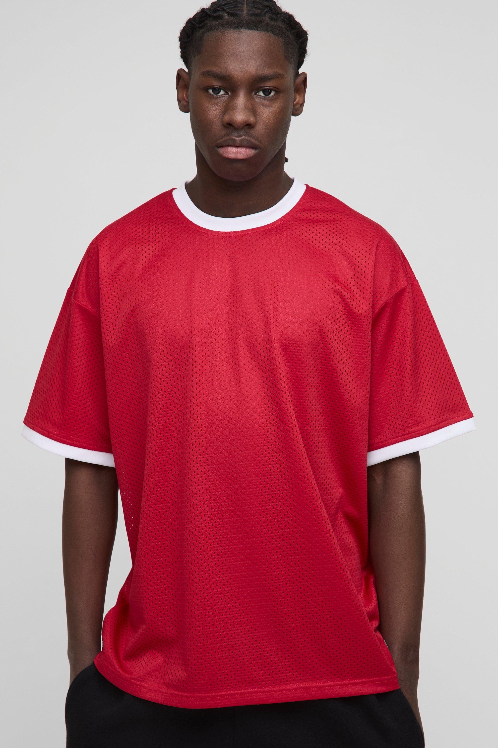 Image of T-shirt oversize Man in rete con bordi a contrasto, Rosso