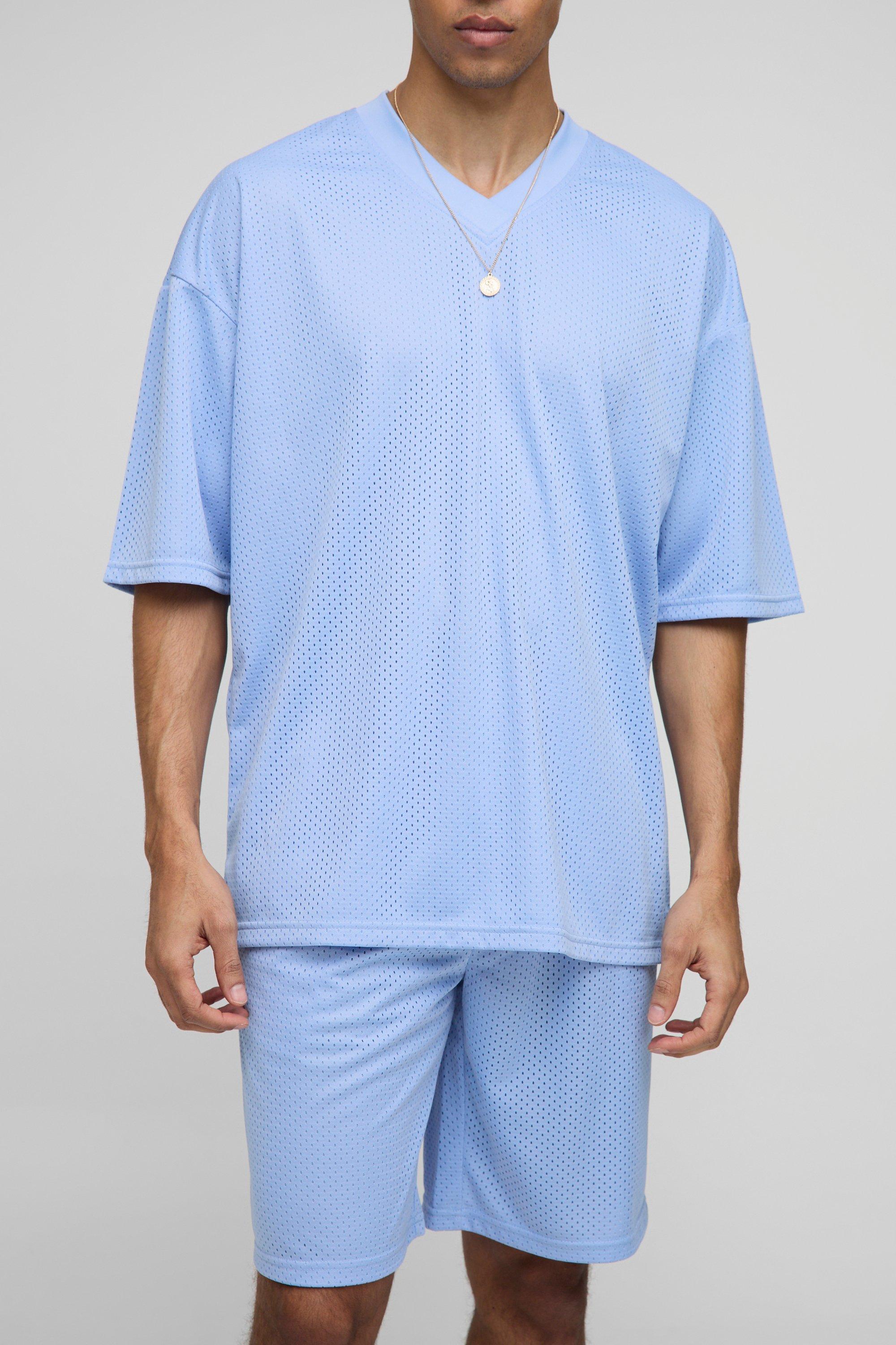 Mens Blue Oversized Mesh V Neck Sports Top & Short Set, Blue