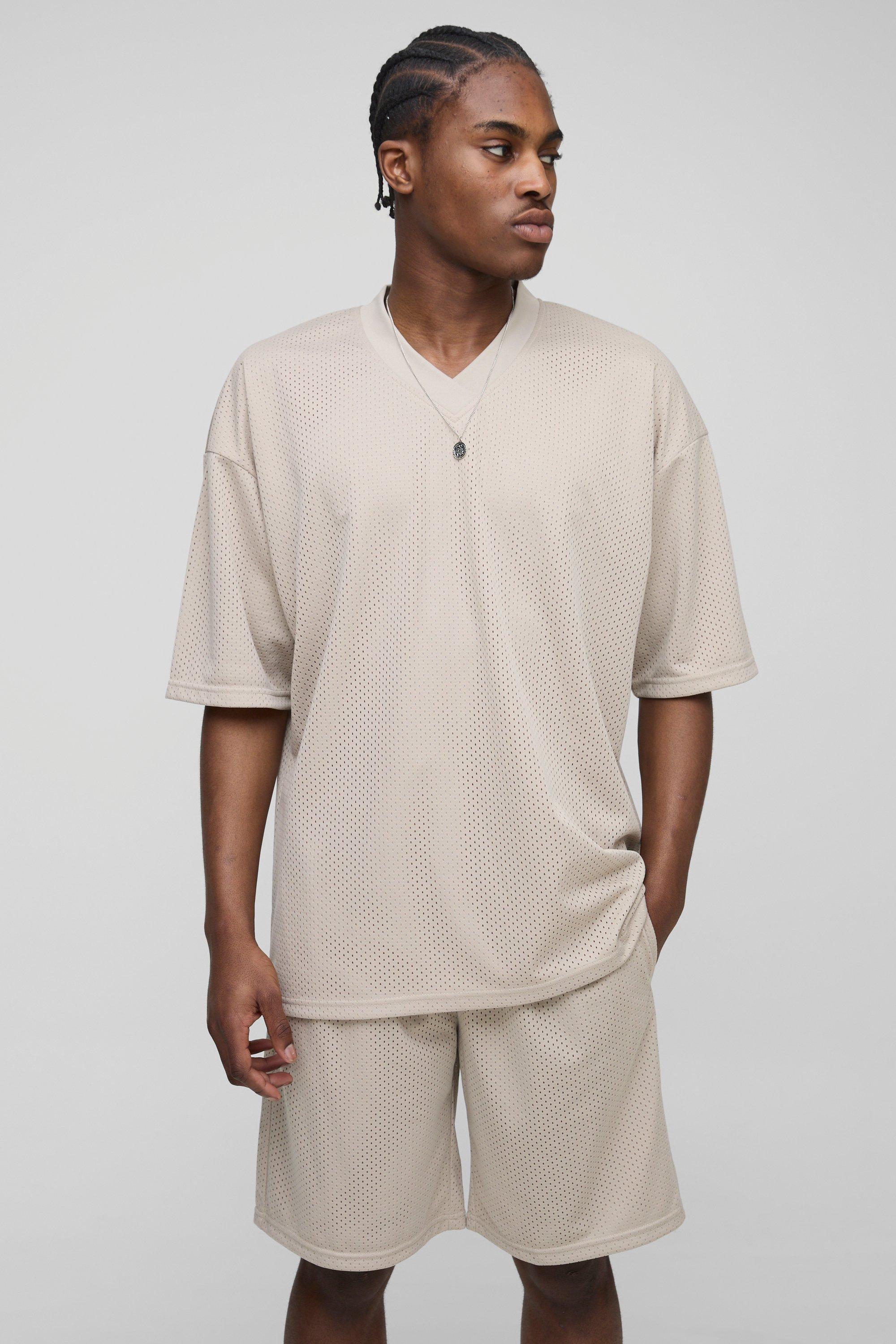 Mens Beige Oversized Mesh V Neck Sports Top & Short Set, Beige