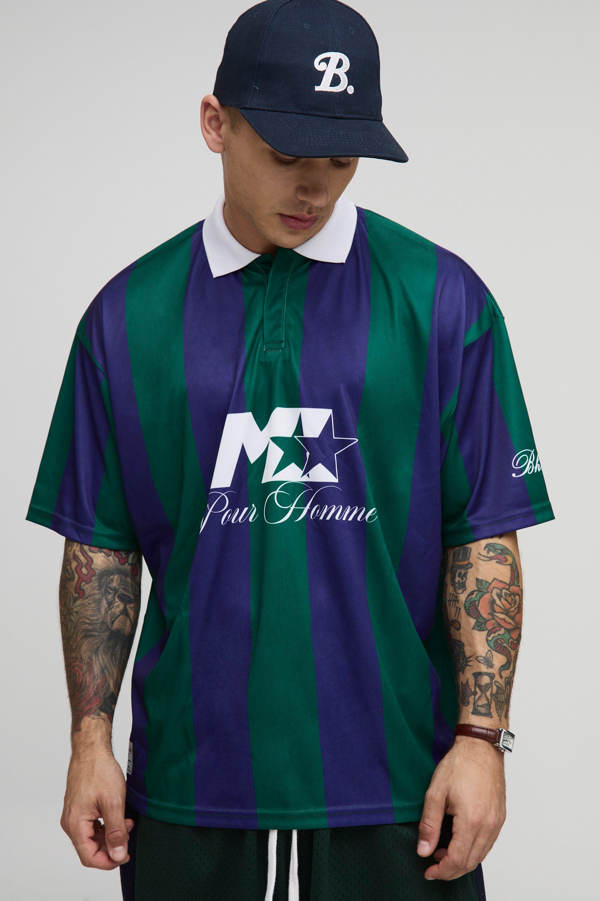 Mens Green Oversized Homme Collared Stripe Sports Top, Green