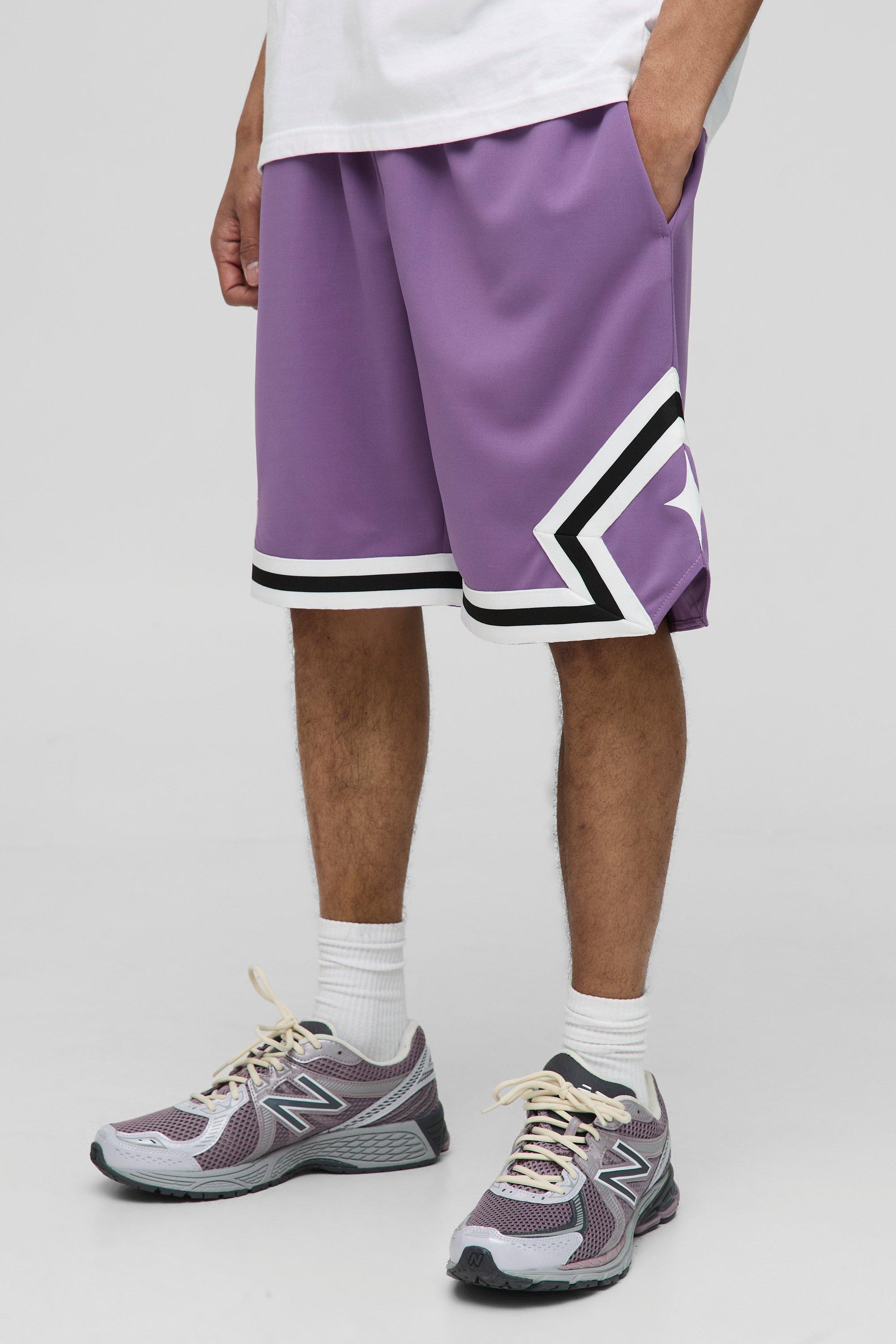 Mens Purple Mid Length Tape Detail Basketball Shorts, Purple