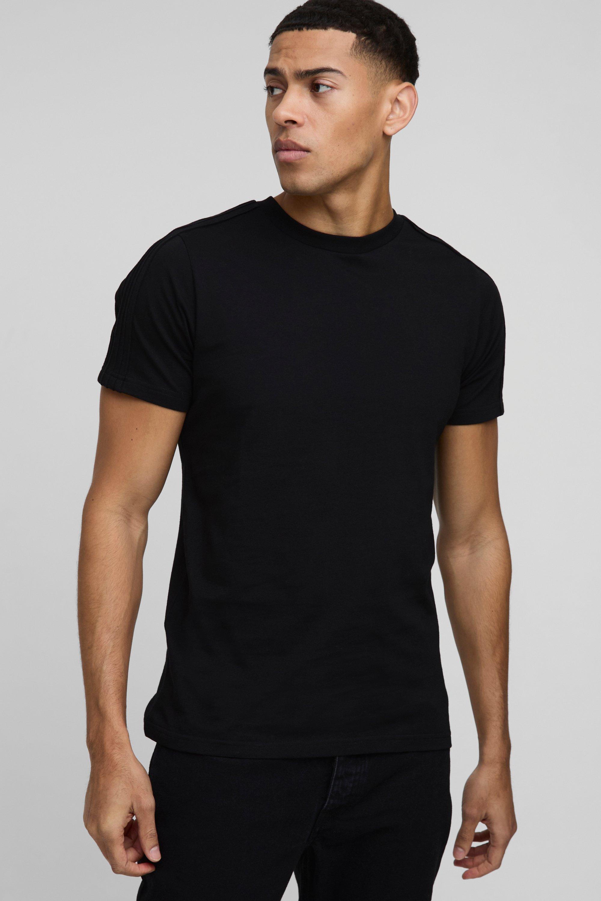 Image of T-shirt Slim Fit con pieghe sulle spalle, Nero