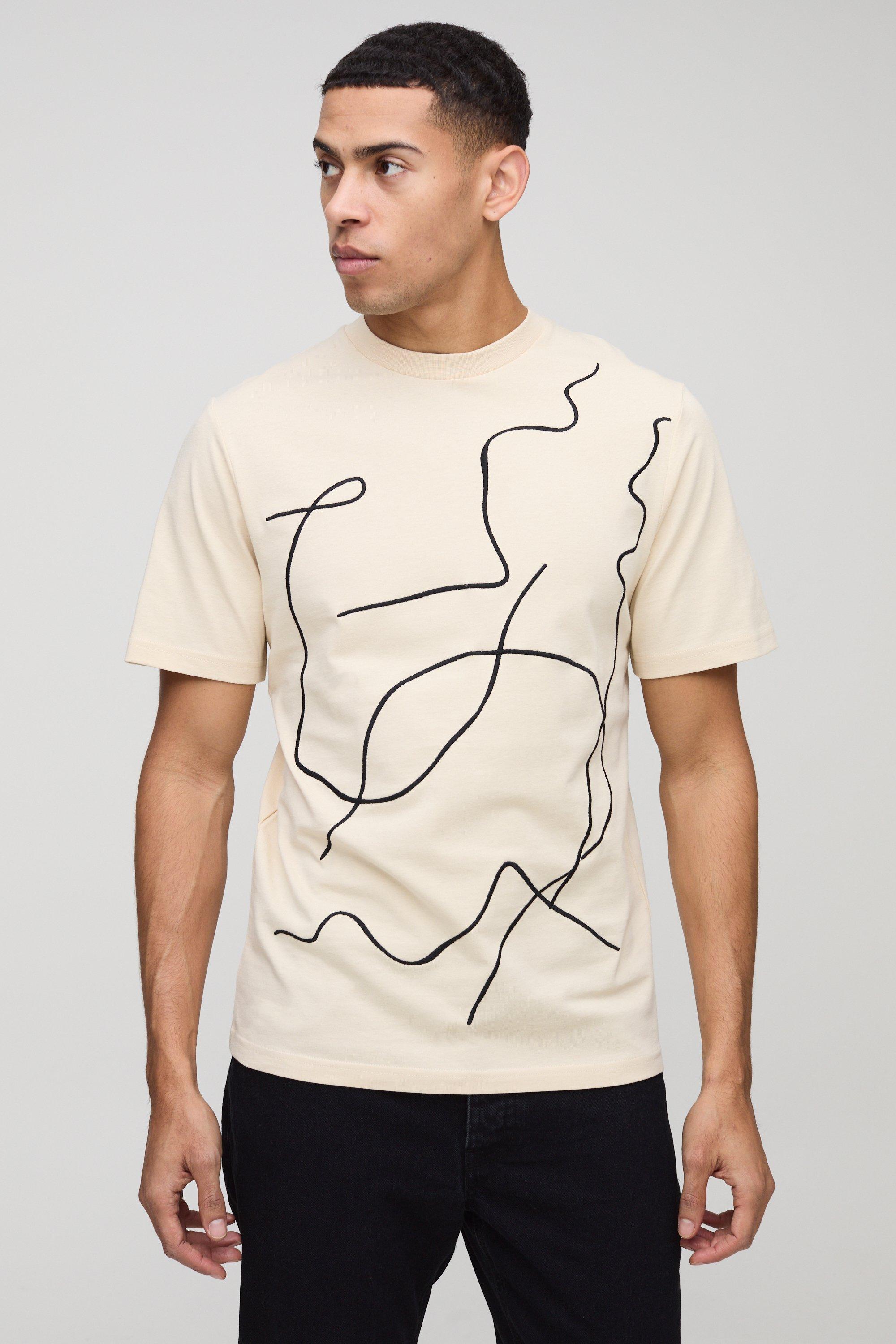 Mens Beige Regular Fit Contrast Line Drawing Embroidered Stitch T-Shirt, Beige