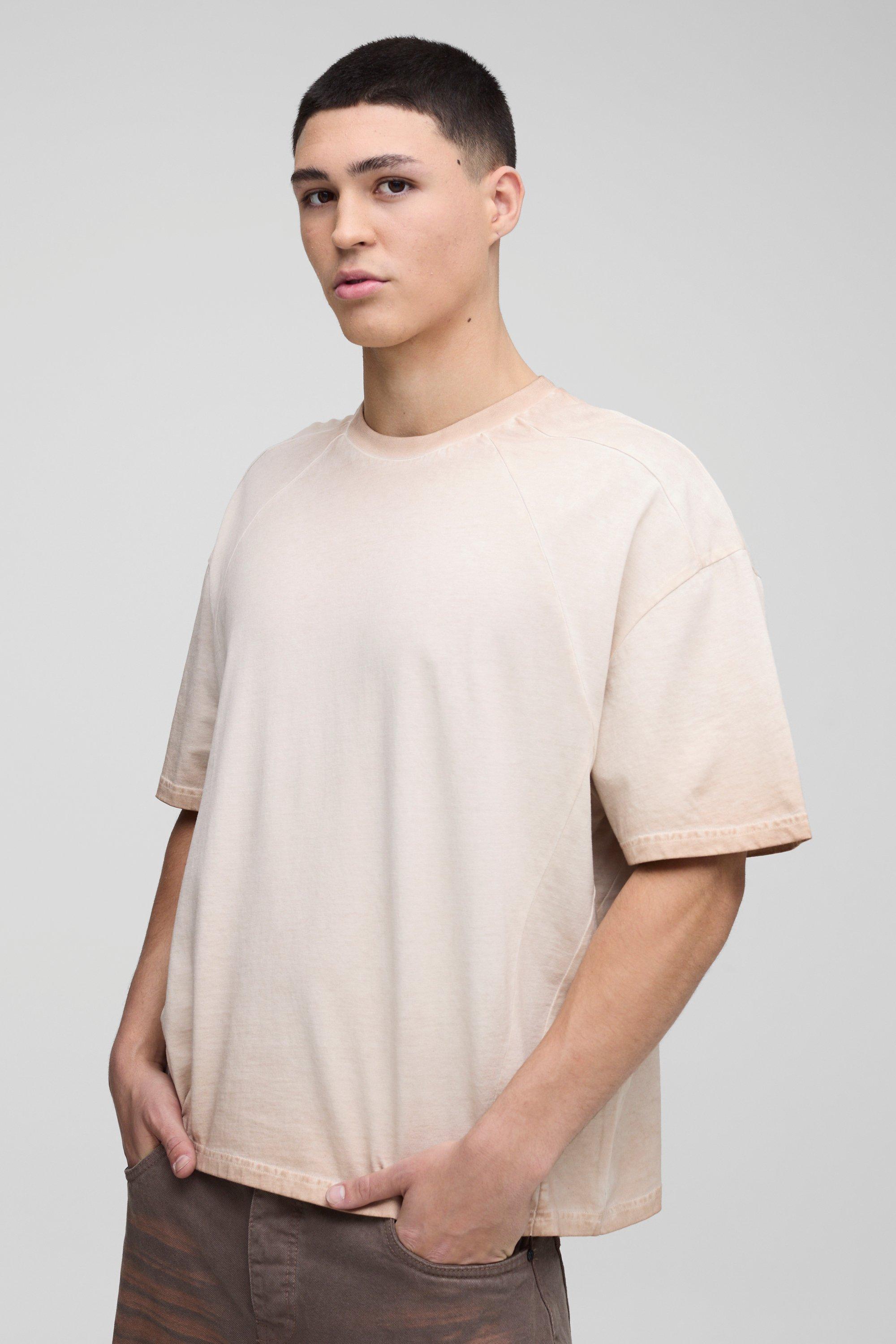 Mens Beige Oversized Boxy Panelled Acid Wash T-Shirt, Beige