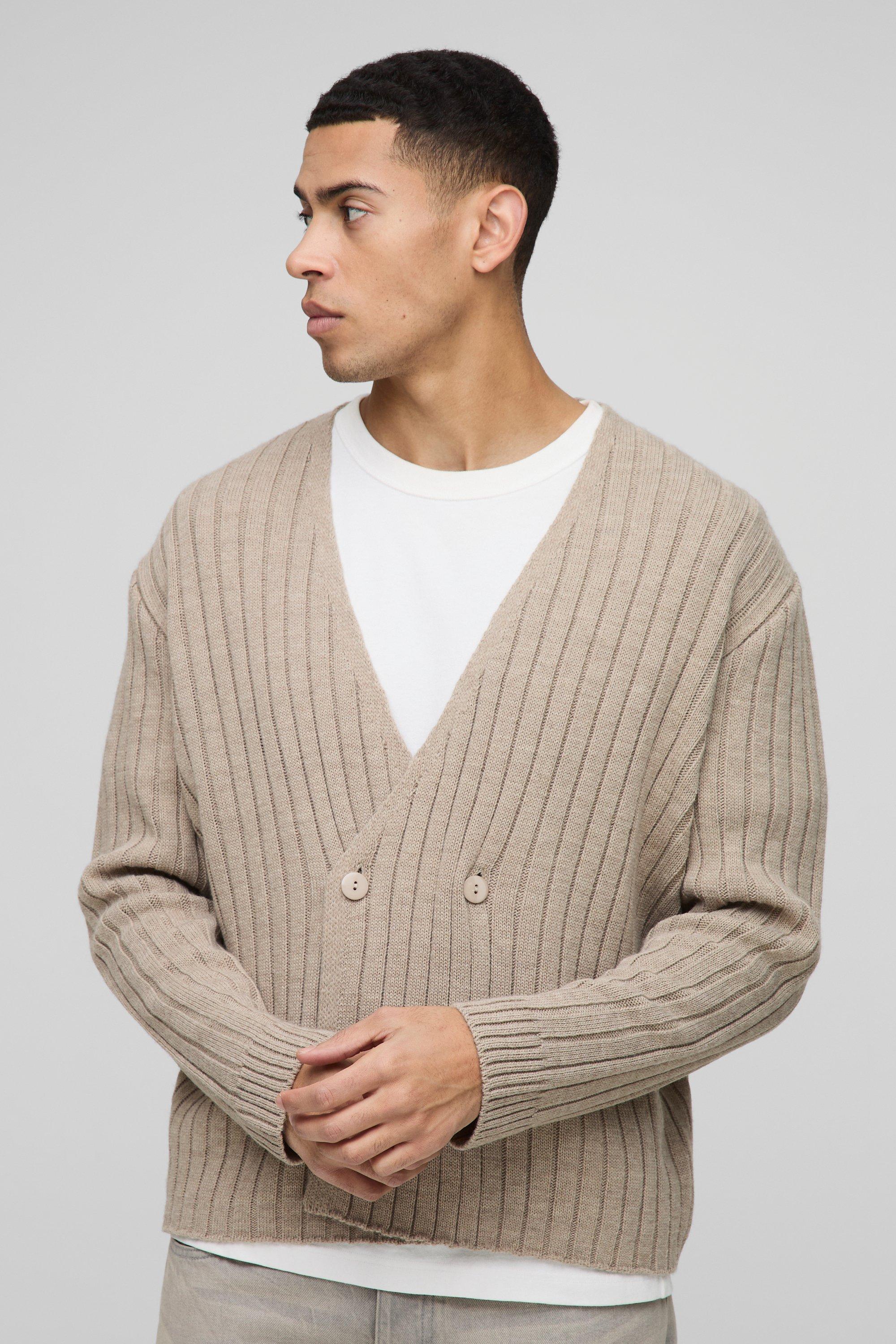Mens Beige Boxy Wrap Rib Knitted Cardigan, Beige