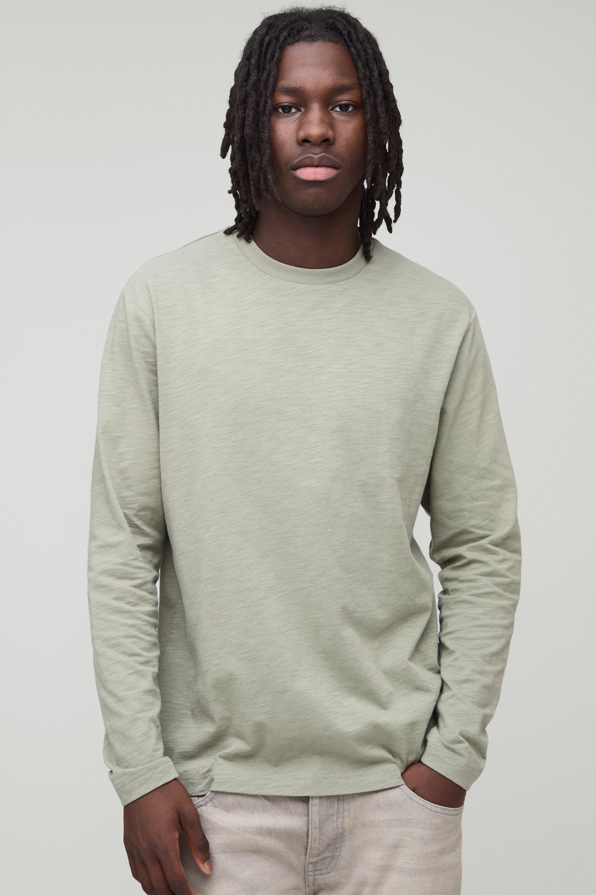 Mens Green Regular Fit Long Sleeve Slub T-Shirt, Green