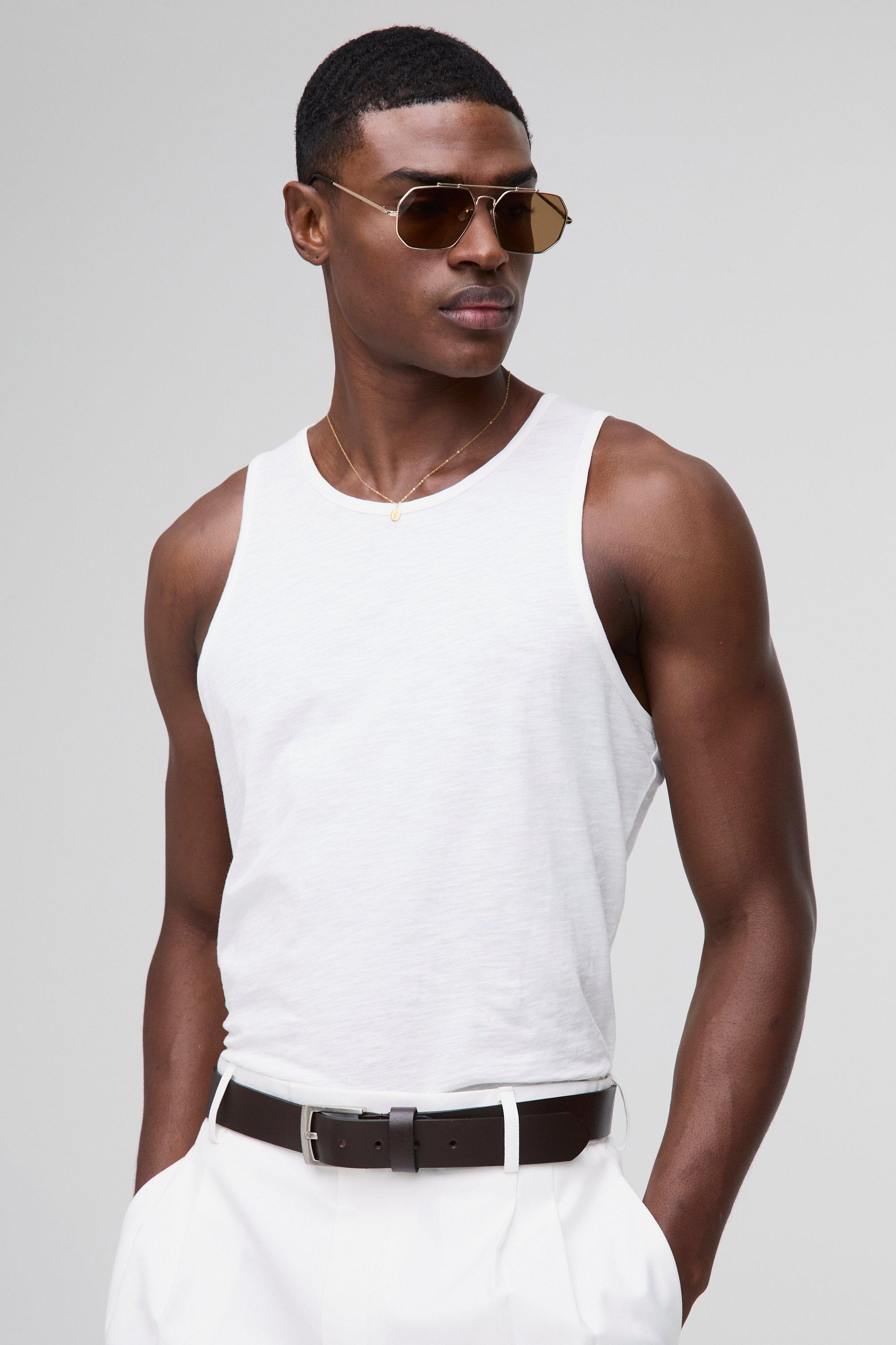 Mens White Regular Fit Slub Vest, White