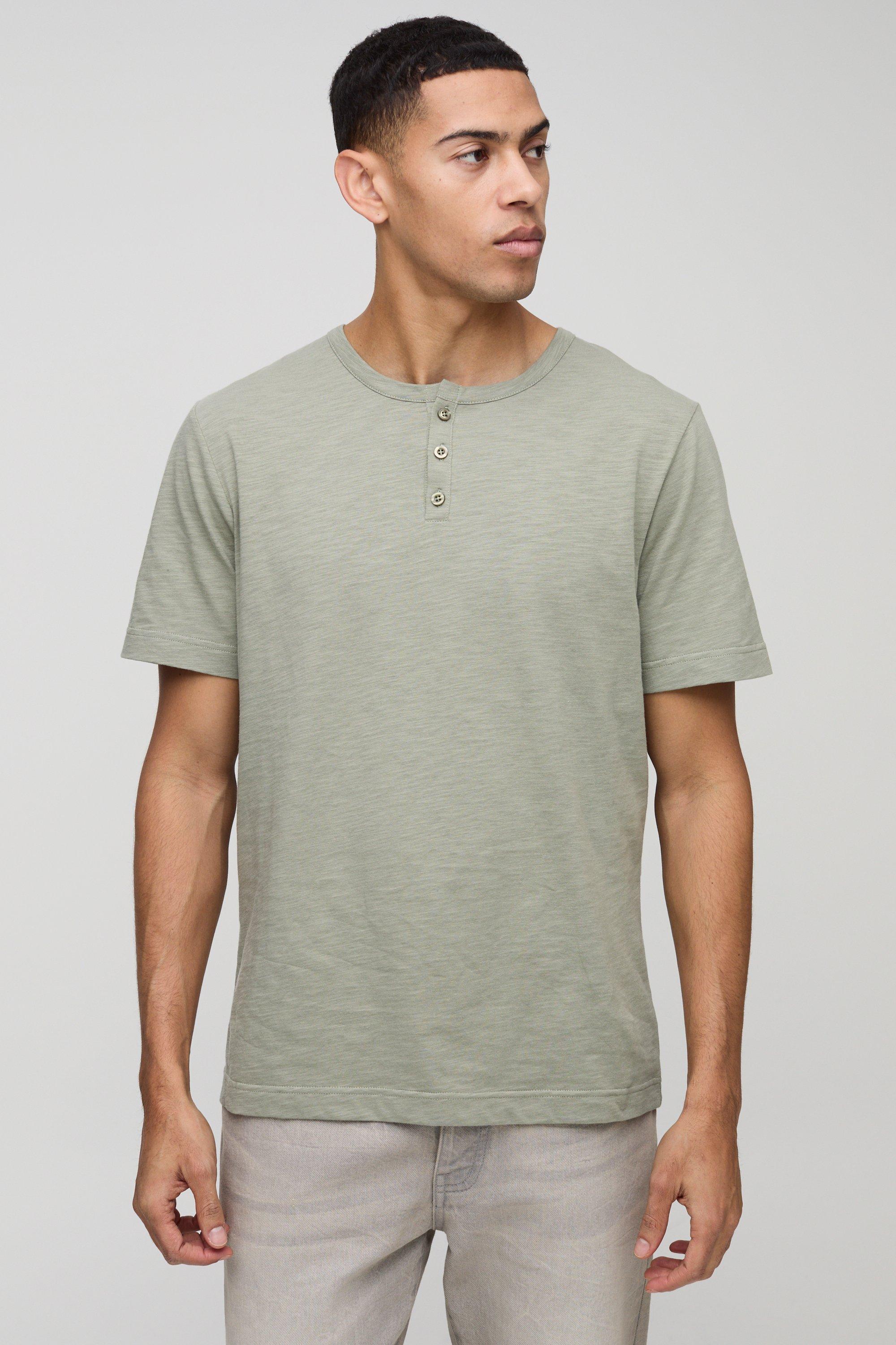 Mens Green Regular Fit Button Neck Slub T-Shirt, Green