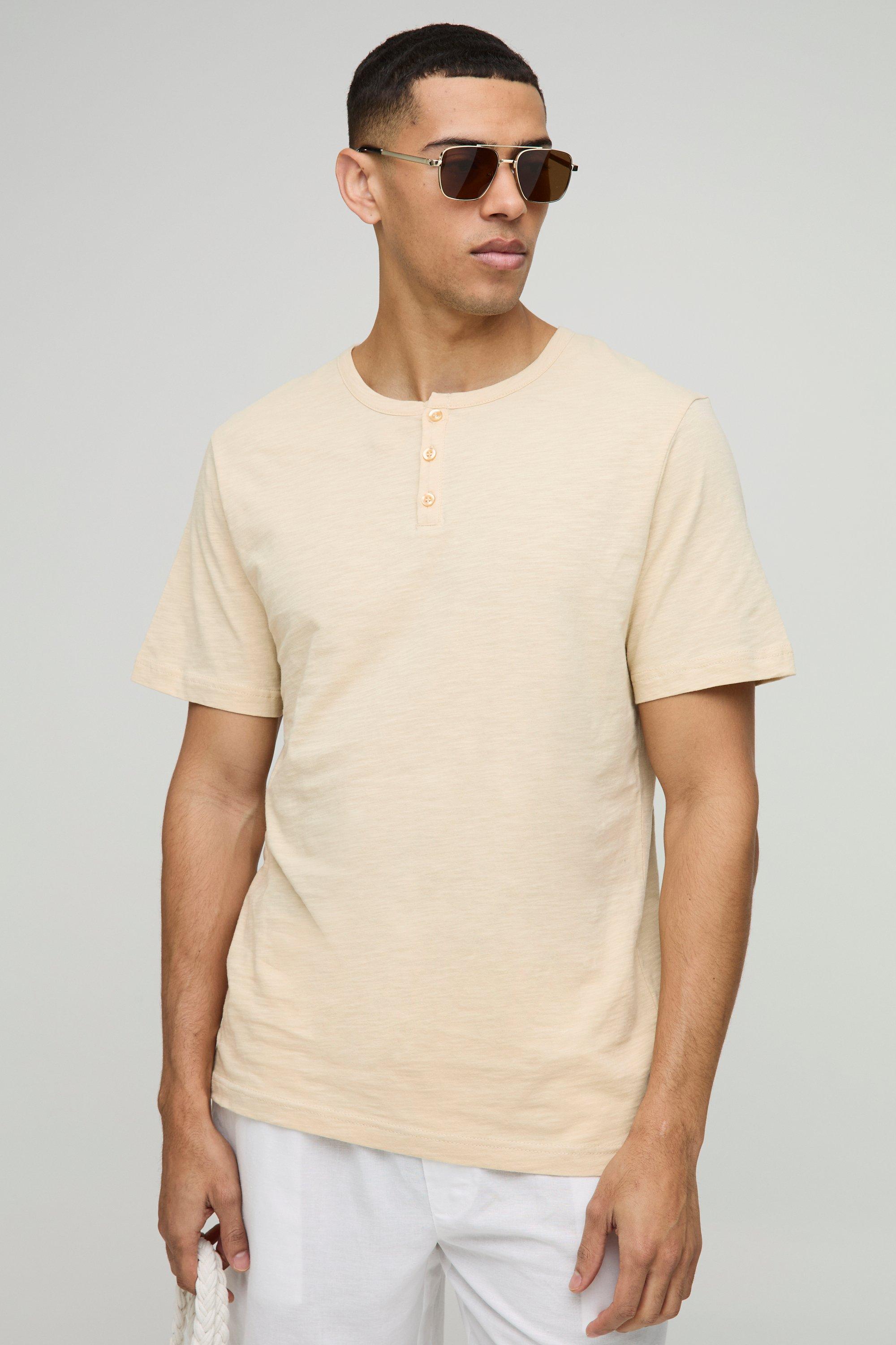 Mens Beige Regular Fit Button Neck Slub T-Shirt, Beige