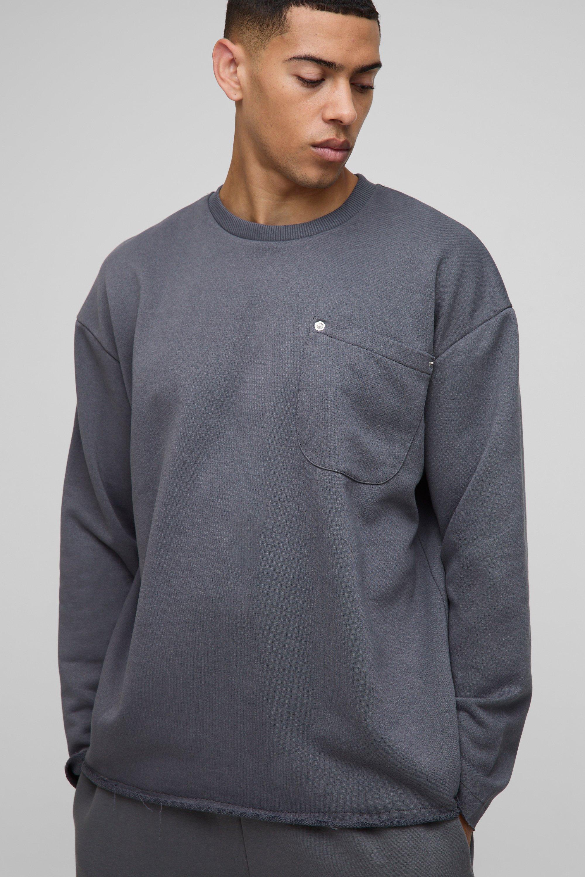 Mens Grey Oversized Carpenter Raw Edge Sweatshirt, Grey